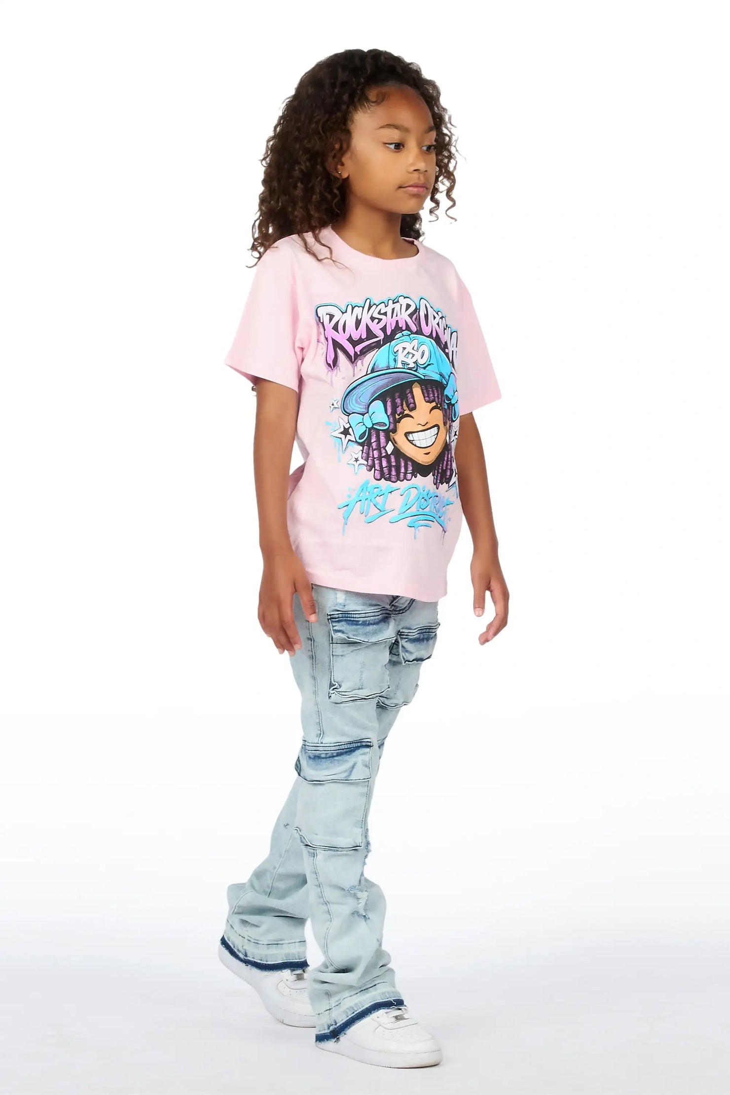 Girls Aze Pink/Light Wash T-Shirt Stacked Jean Set