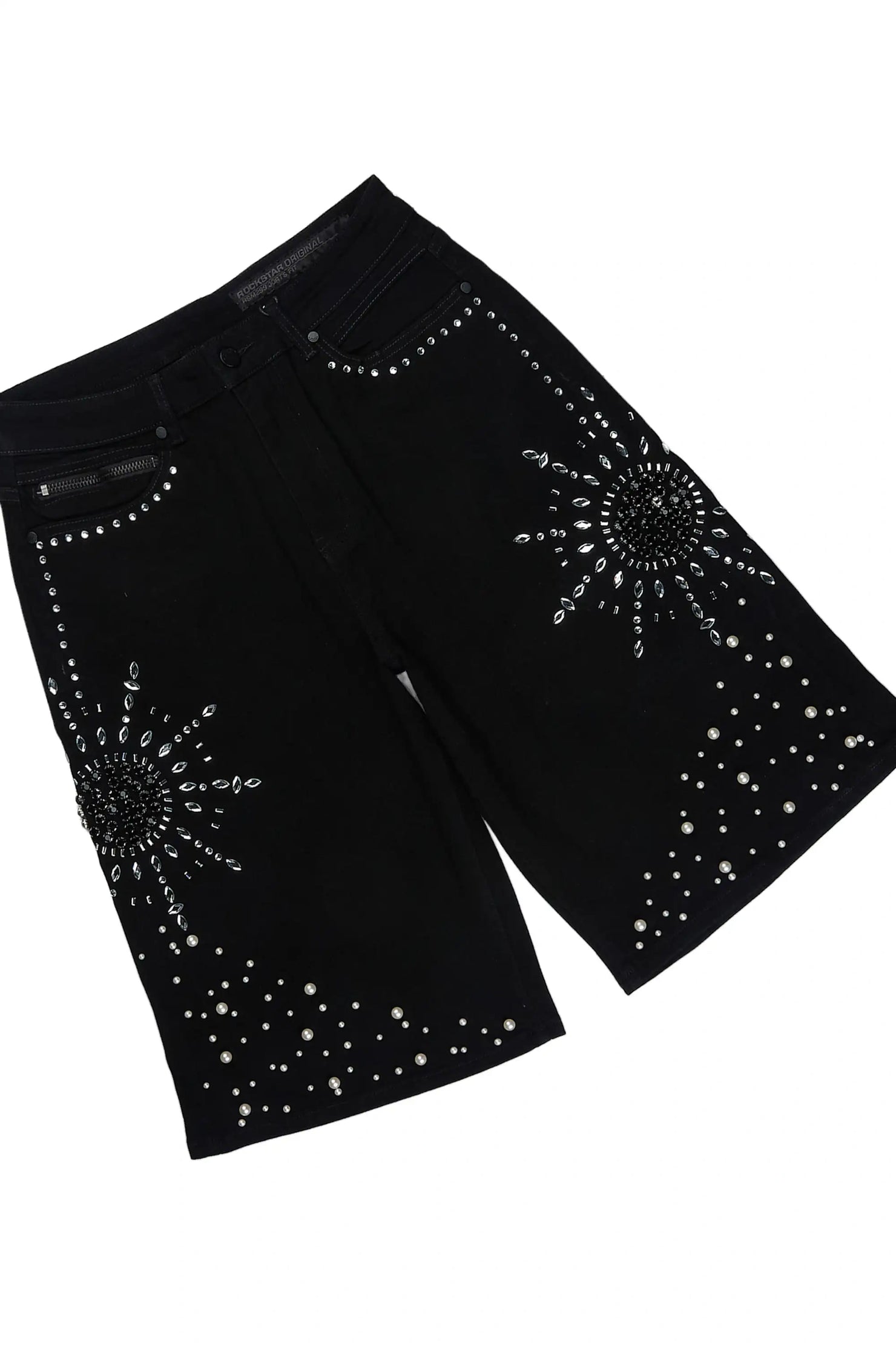 Tryst Black Rhinestone Cut Sleeve T-Shirt Denim Short Set