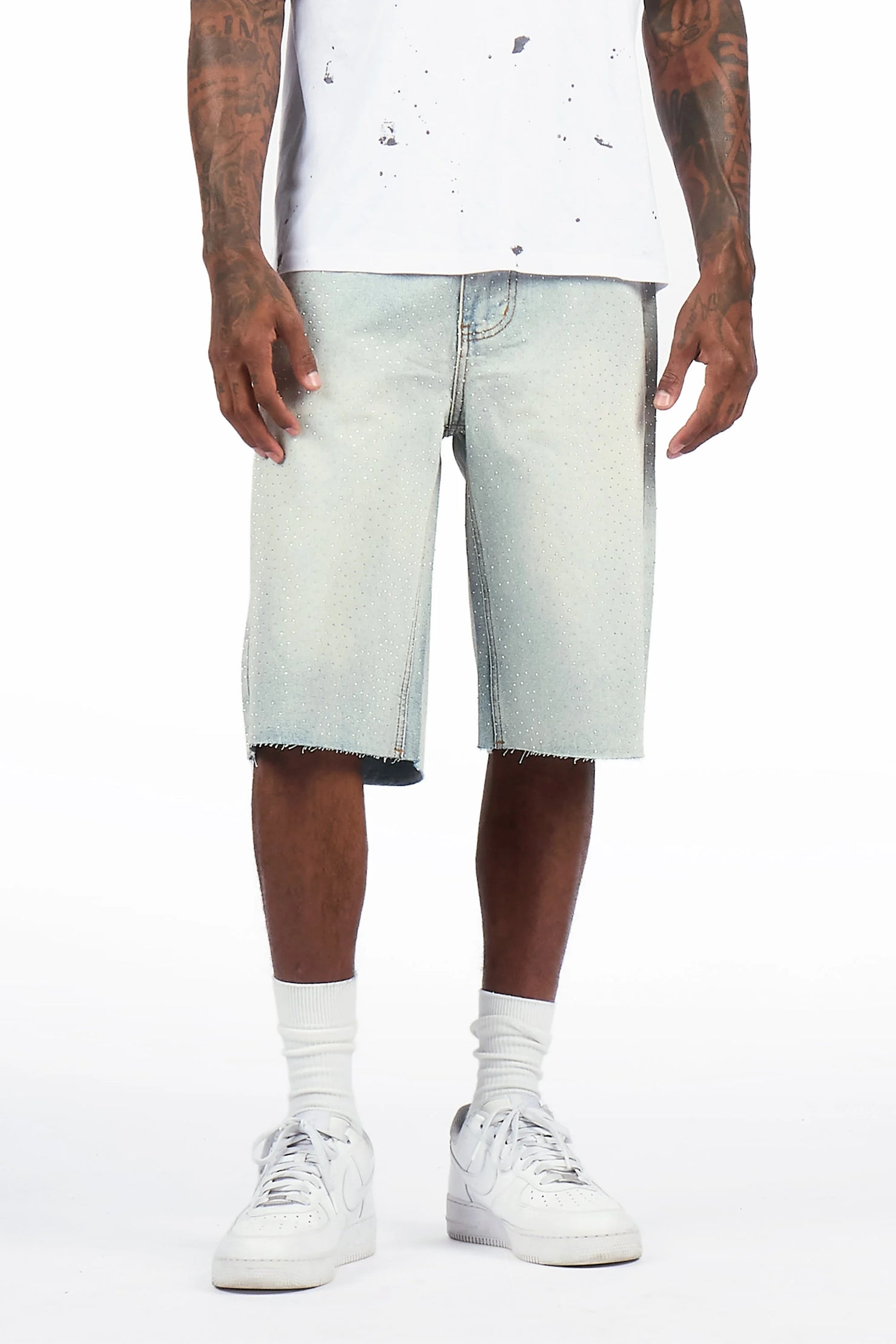 Brayan Light Blue Rhinestones Denim Short