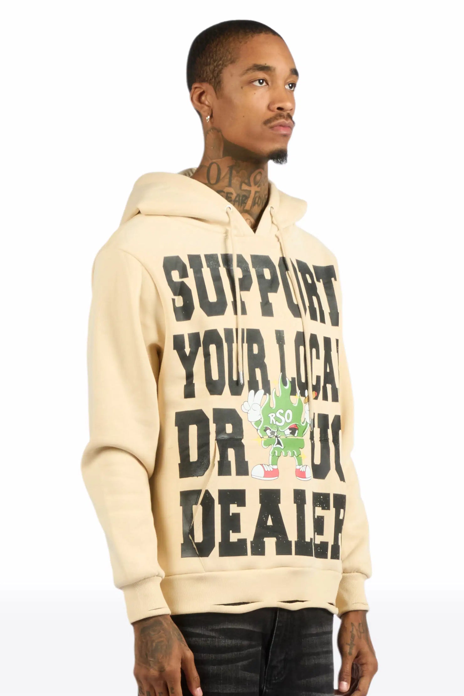 Tarl Beige Distressed Graphic Relaxed Hoodie