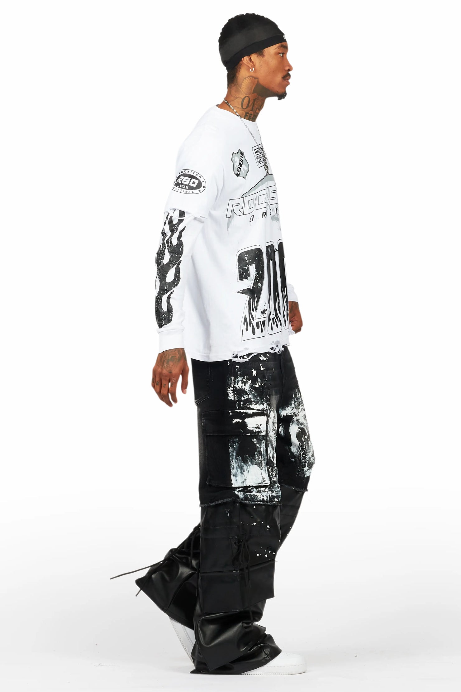 Amos White/Black Double Layer Long Sleeve Graphic T-Shirt