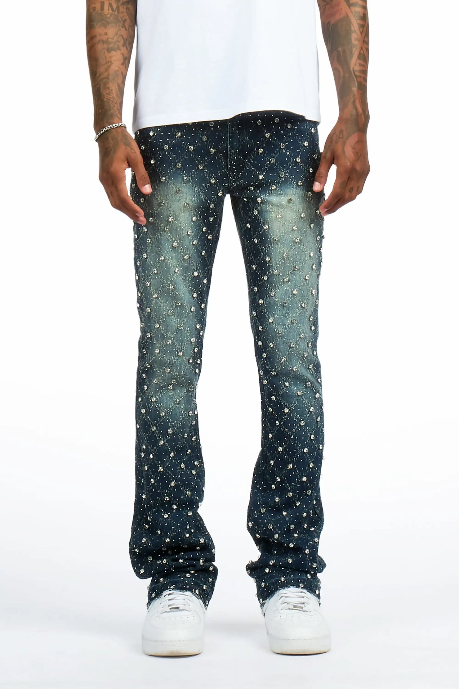 Glit Dark Wash Rhinestone Stacked Flare Jean