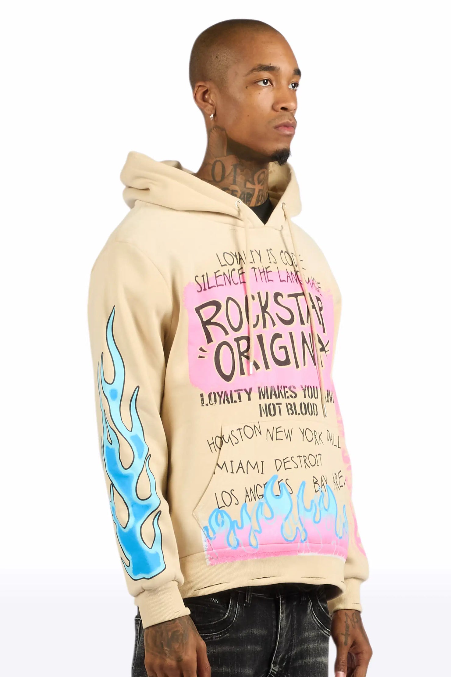 Beno Beige Distressed Graphic Relaxed Hoodie