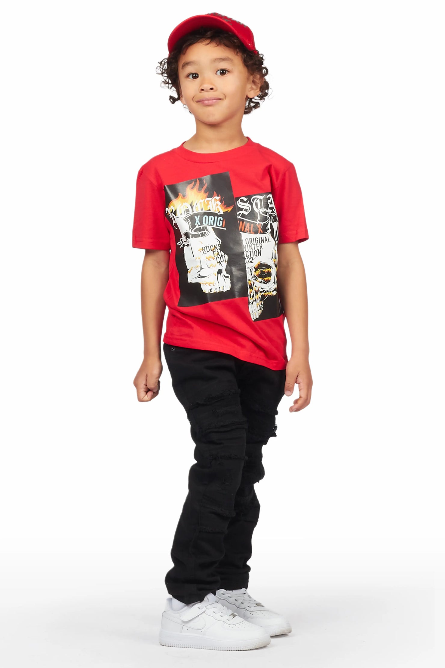 Boys Zaci Red/Black T-Shirt/Frayed Jean Set