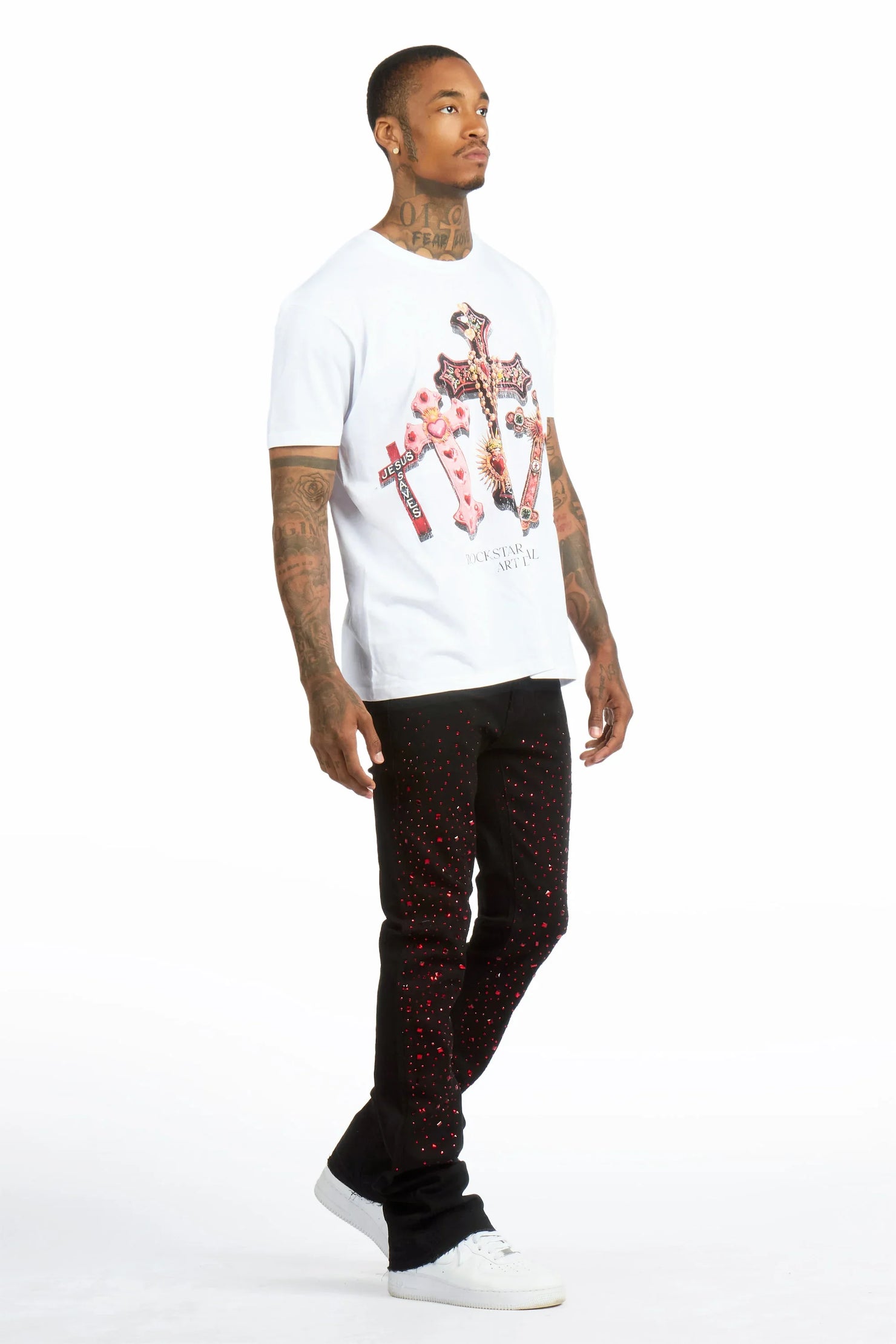 Xirel White/Black Oversized Graphic T-Shirt & Twinkle Rhinestone Stacked Flare Jean Set