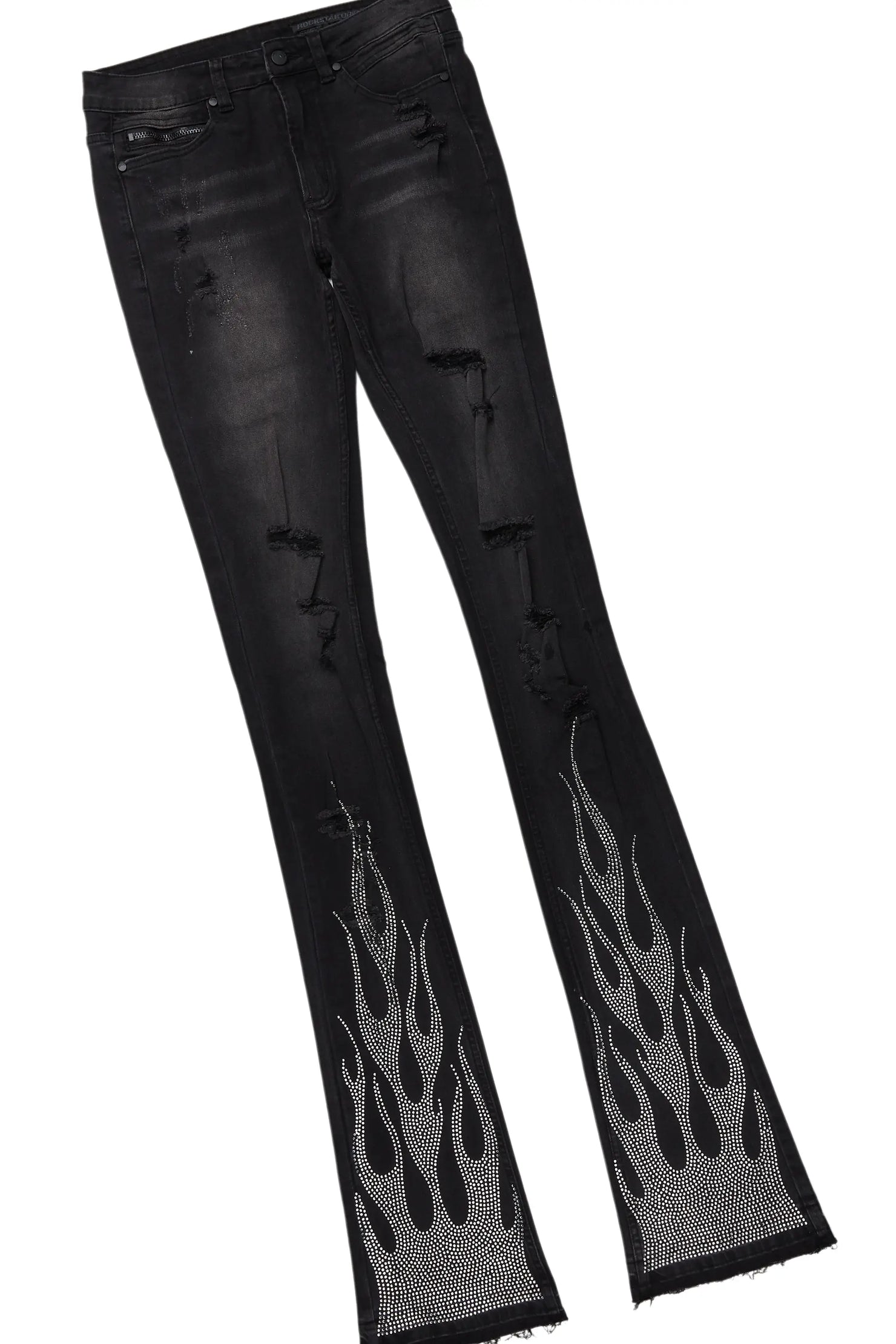 Amina Black Rhinestone Long Sleeve T-Shirt/Super Stacked Flare Jean Set