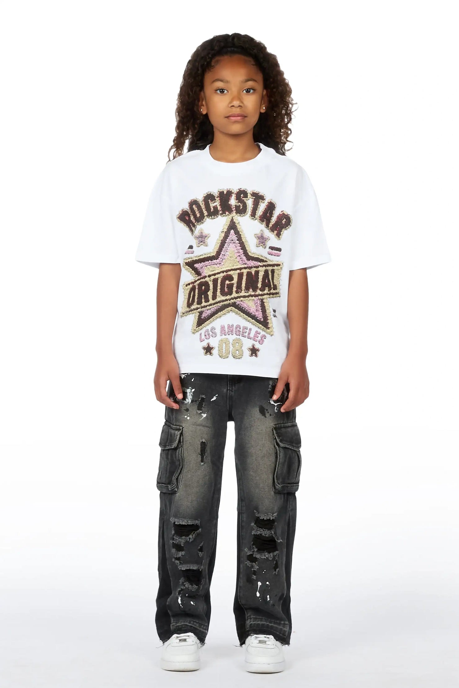 Girls Basiliskie White/Dark Grey T-Shirt Baggy Jean Set