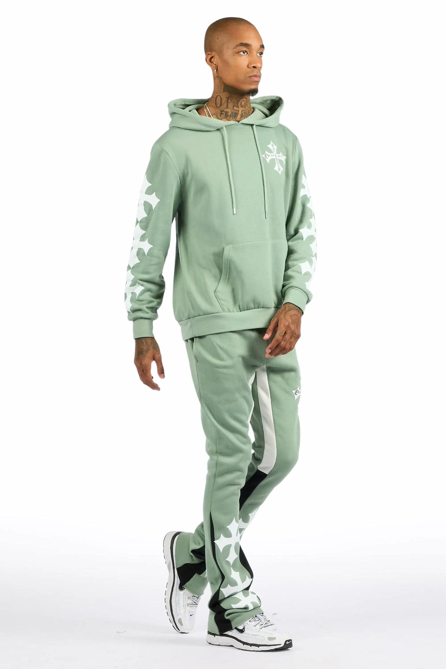 Slaydr Sage/White Hoodie/Stacked Flare Track Set