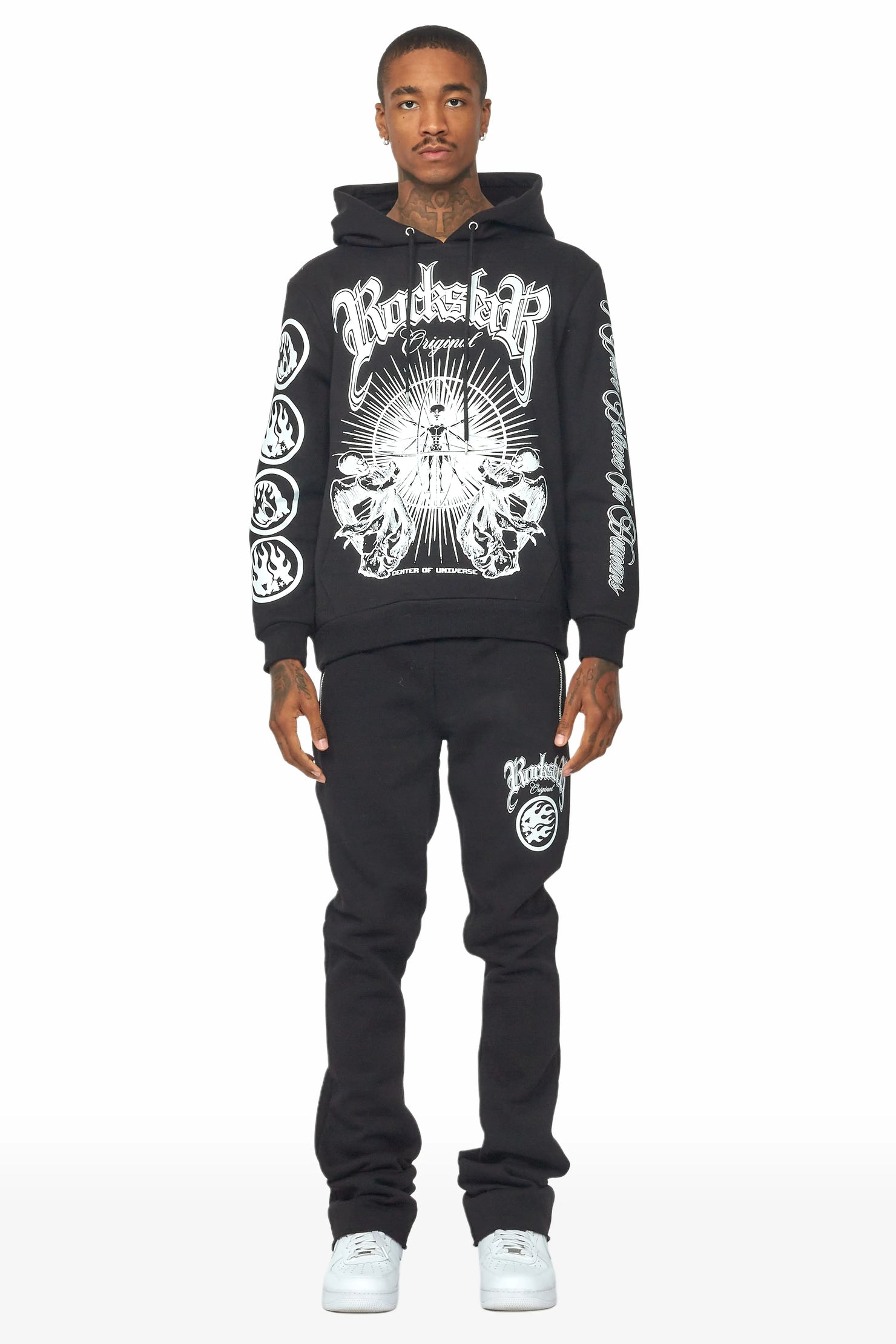 Yarden Black Graphic Hoodie/Stacked Flare Pant Track Set