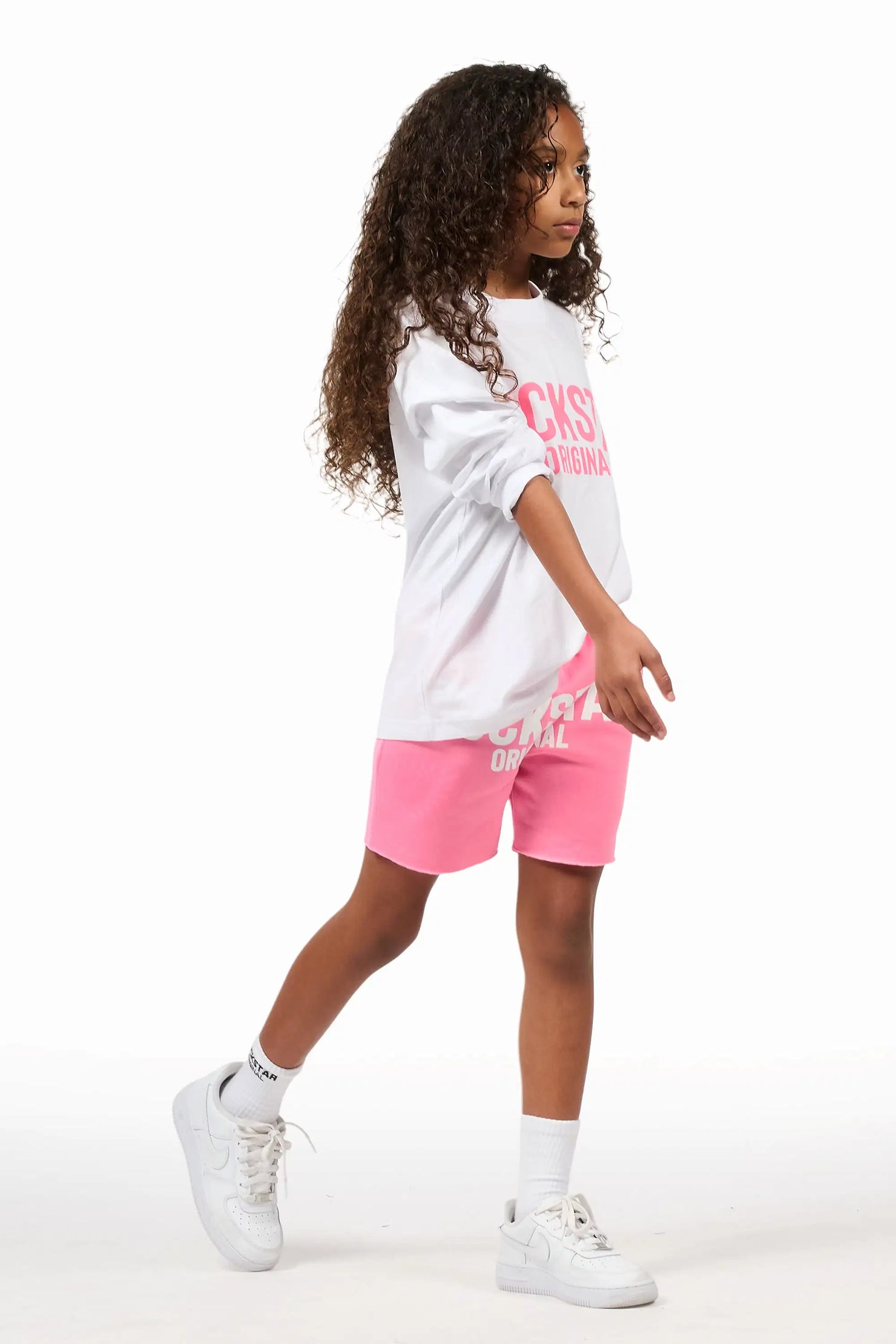 Girls Mikassa 2.0 White/Pink L/S T-Shirt Short Set