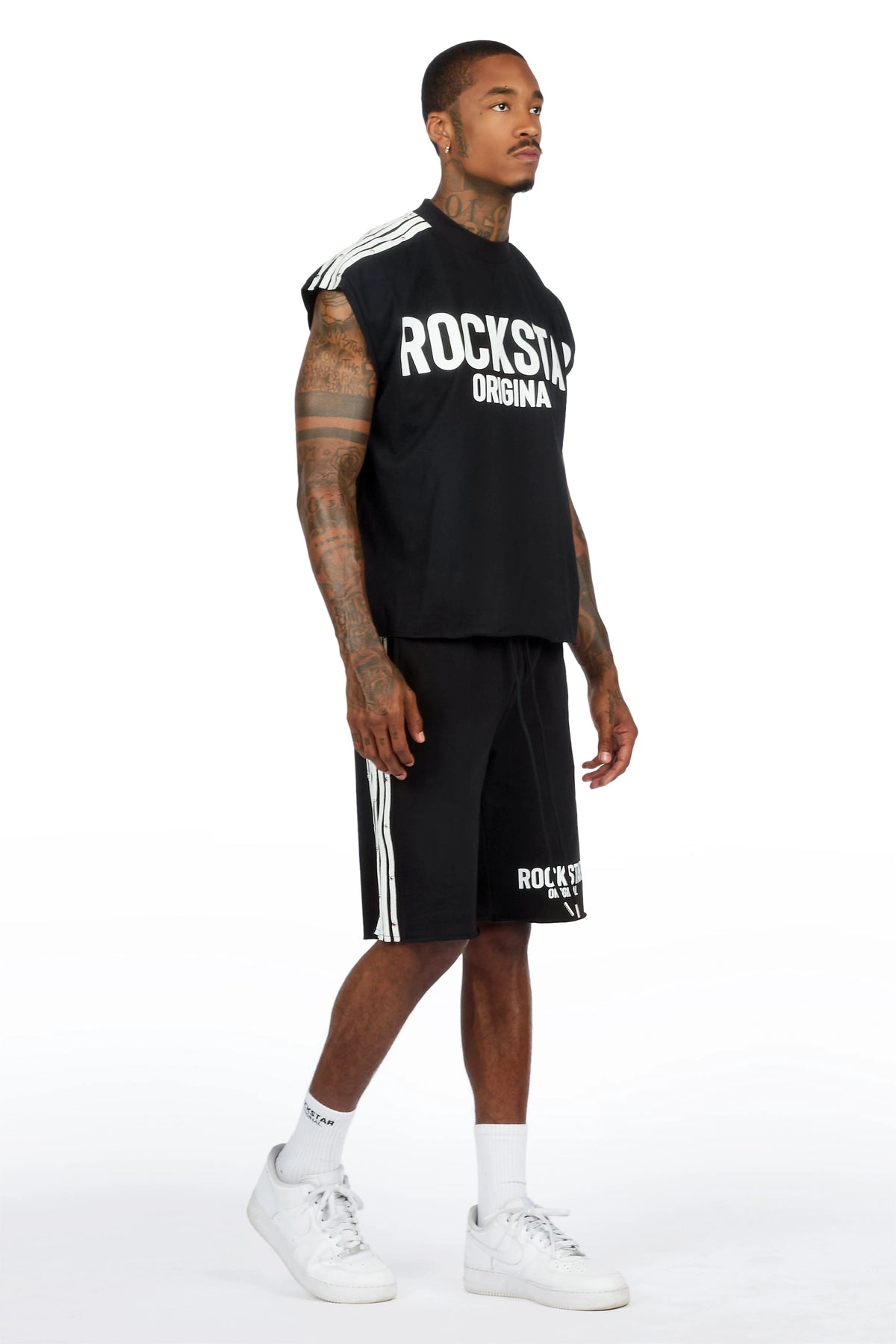 Gulis Black Rhinestone Cut Sleeve T-Shirt Short Set