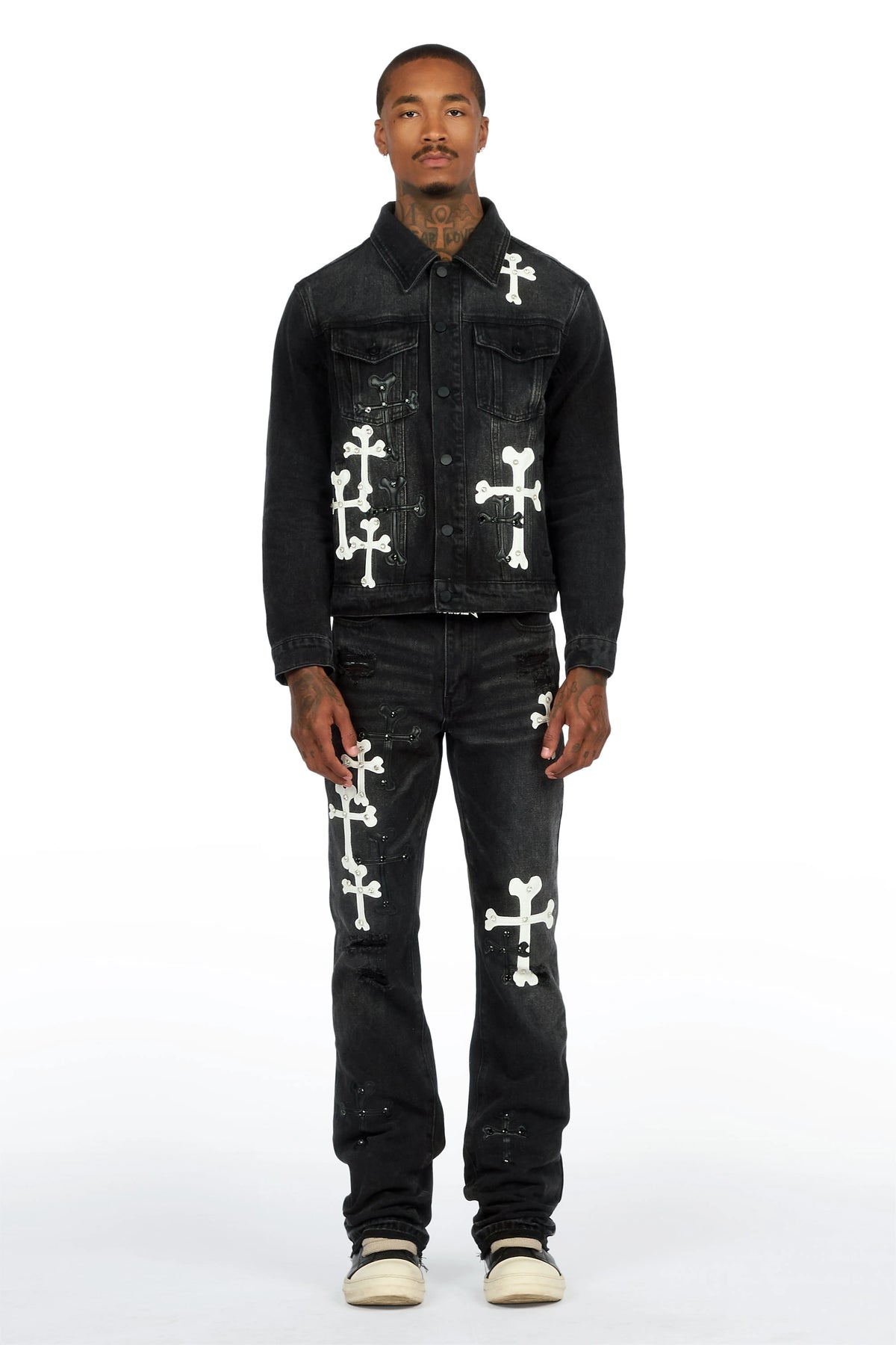 Olivier Dark Grey Patch Rhinestone Denim Jacket/Stacked Flare Jean Setde
