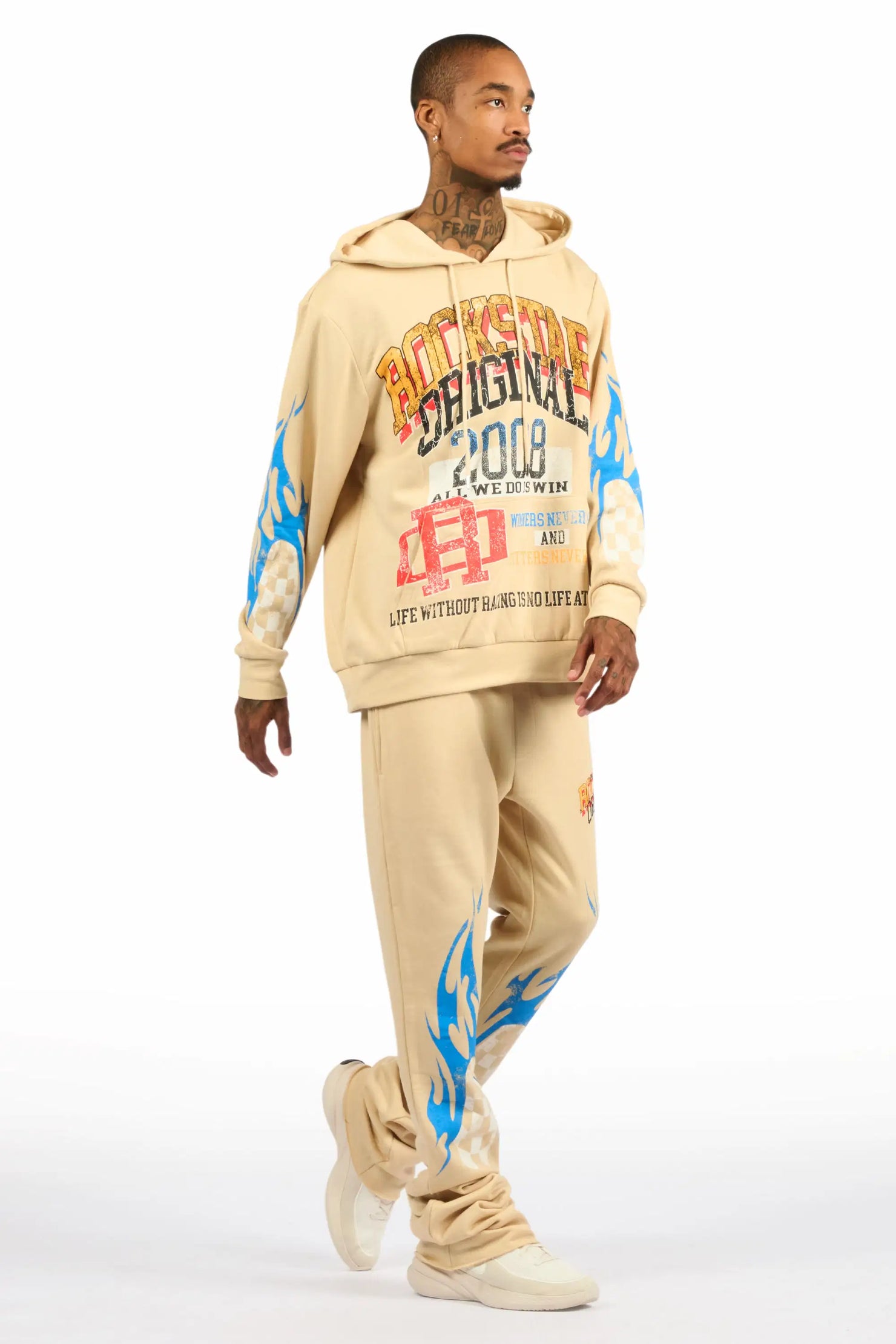 Colorful Race Beige Hoodie Stacked Track Set