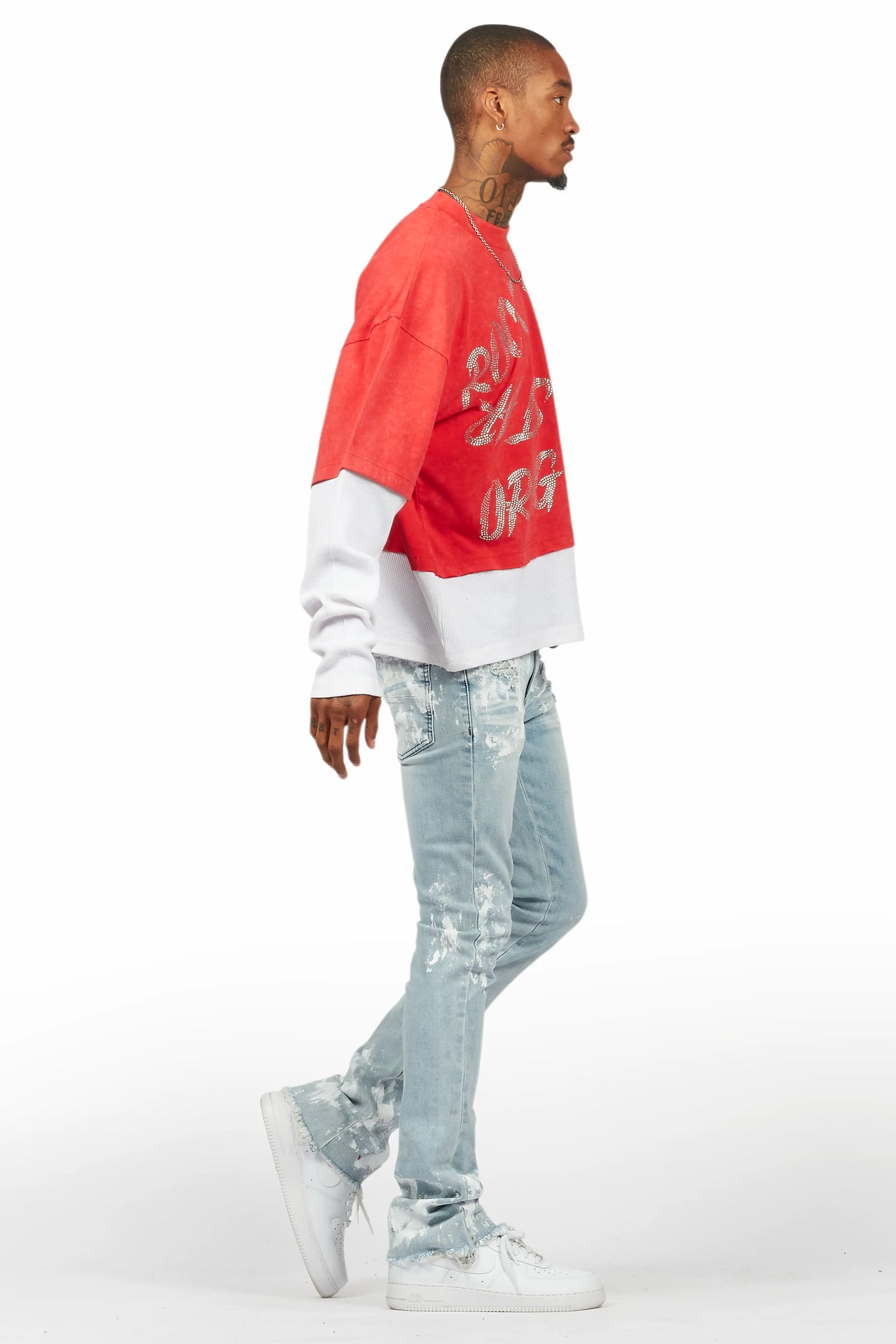 Bence Vintage Red Thermal Double Layer Boxy Crop T-Shirt