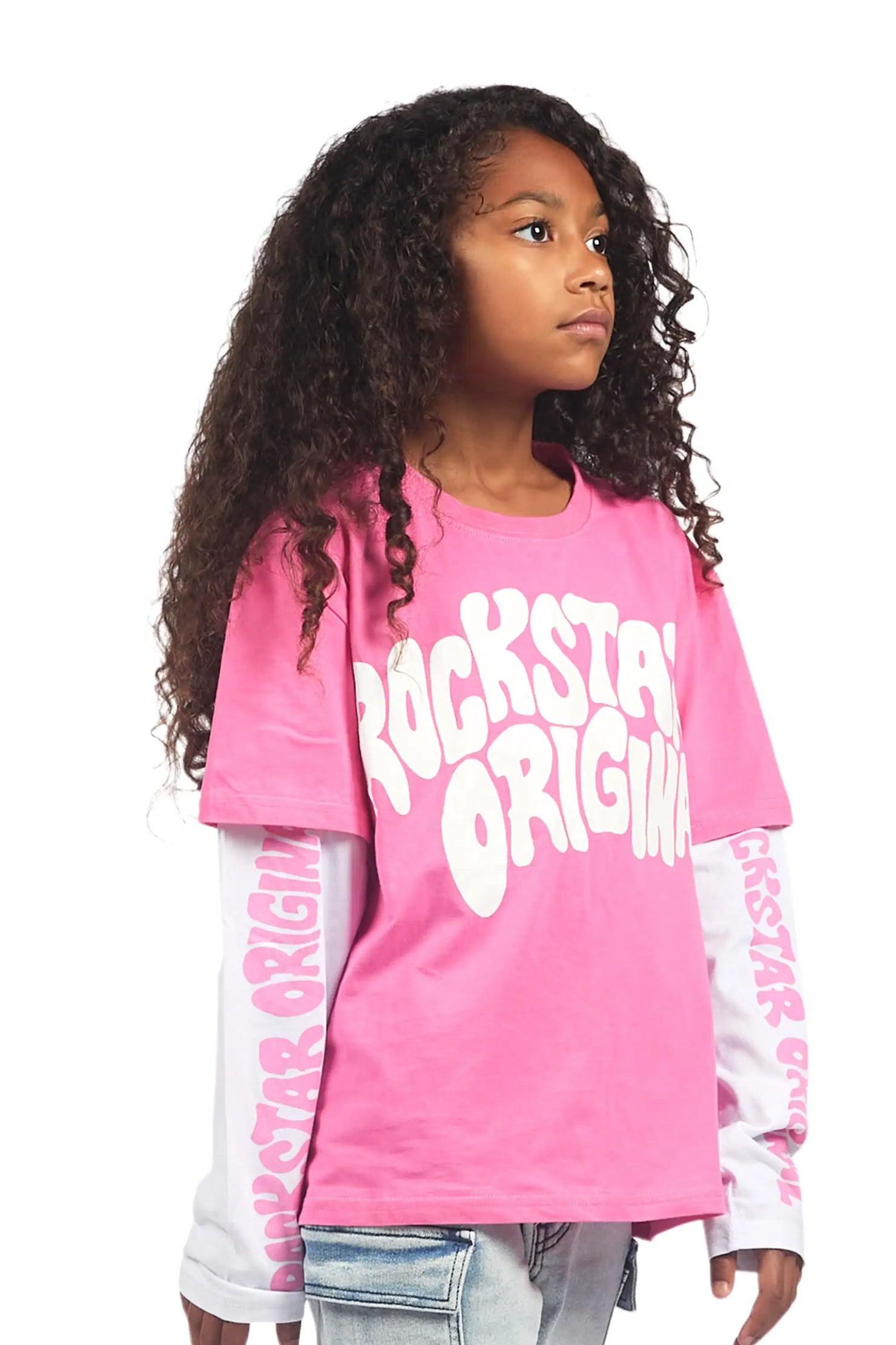 Girls Monique Pink/White Double Layer L/S Graphic T-Shirt
