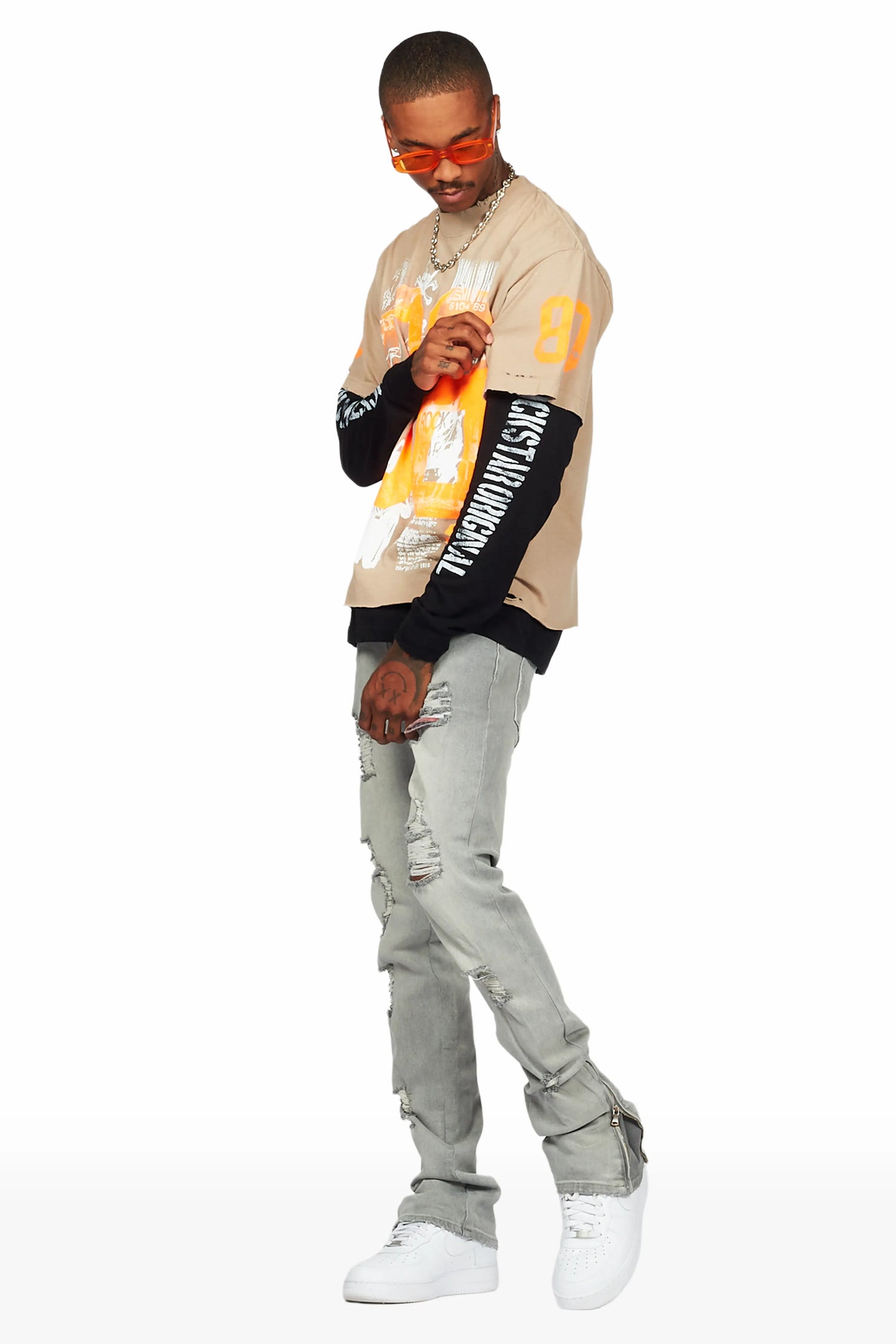 Ezio Light Grey Stacked Flare Jean