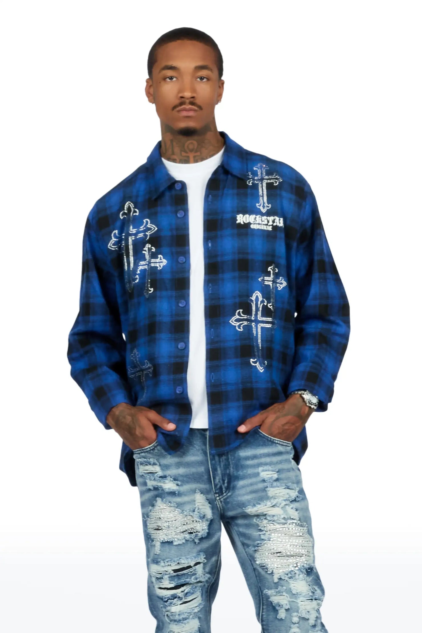 Poldi Royal Rhinestone Flannel Long Sleeve Shirt