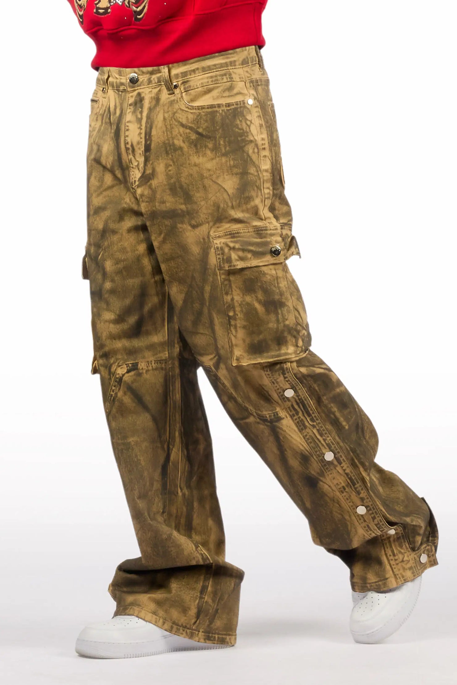 Kuiper Beige Oil Wash Baggy Cargo Flare Jean