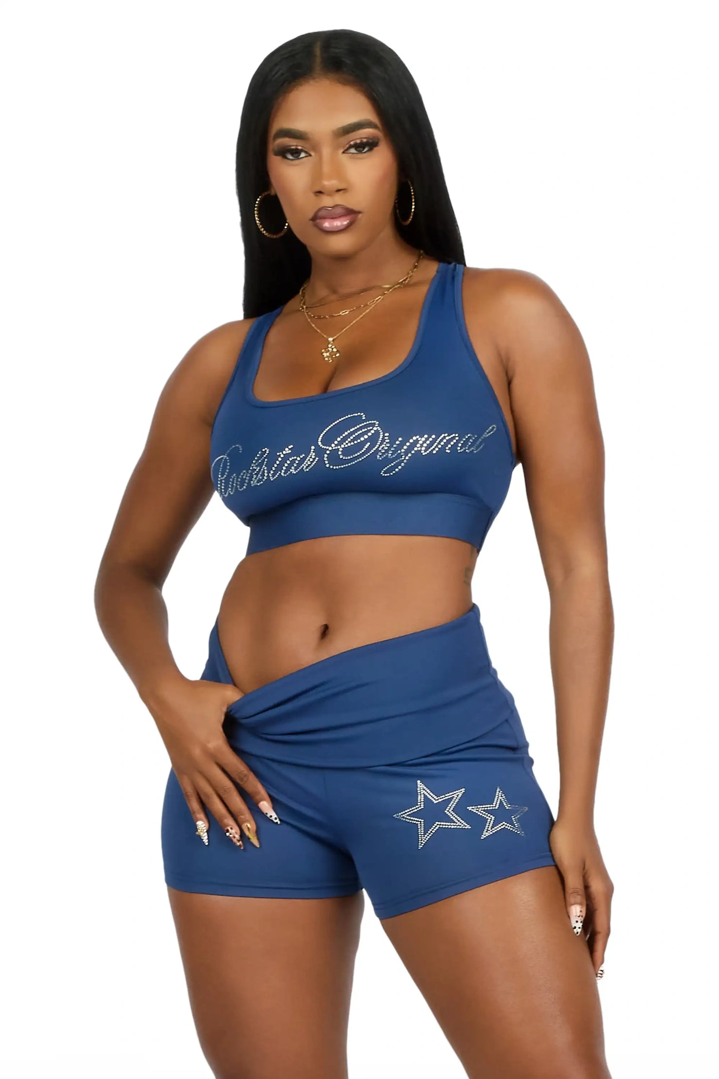 Arieona Navy Rhinestone Sports Bra Foldover Short Set