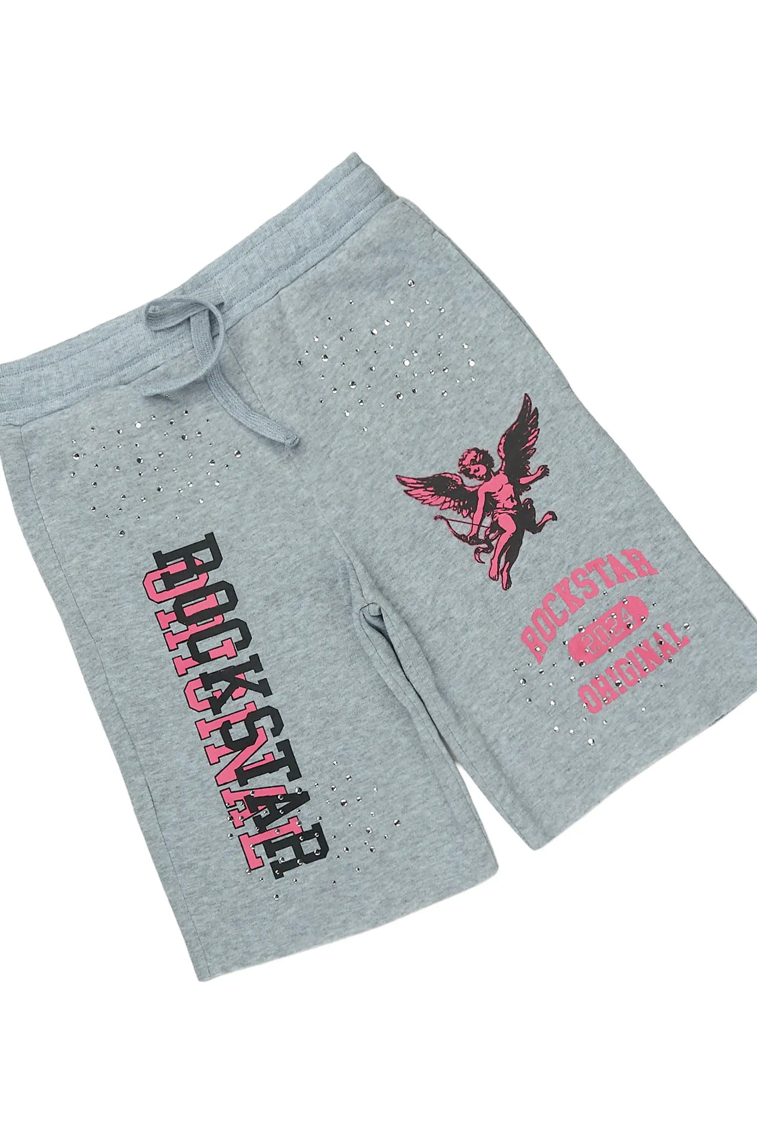 Girls Kyesha Grey Rhinestone Boxy T-Shirt Short Set