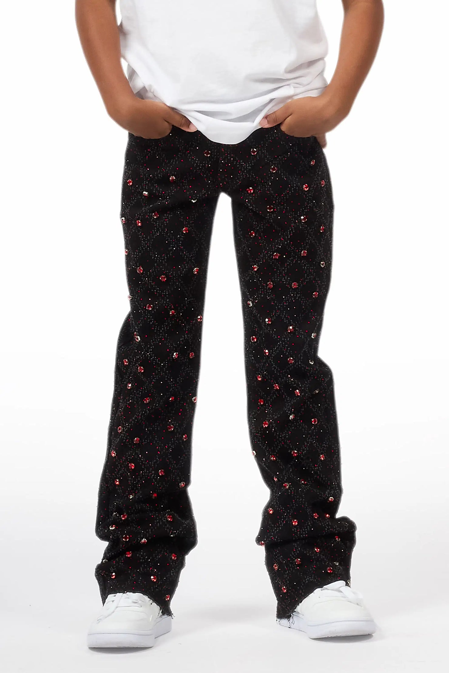 Boys Glit Black/Red Rhinestone Stacked Flare Jean