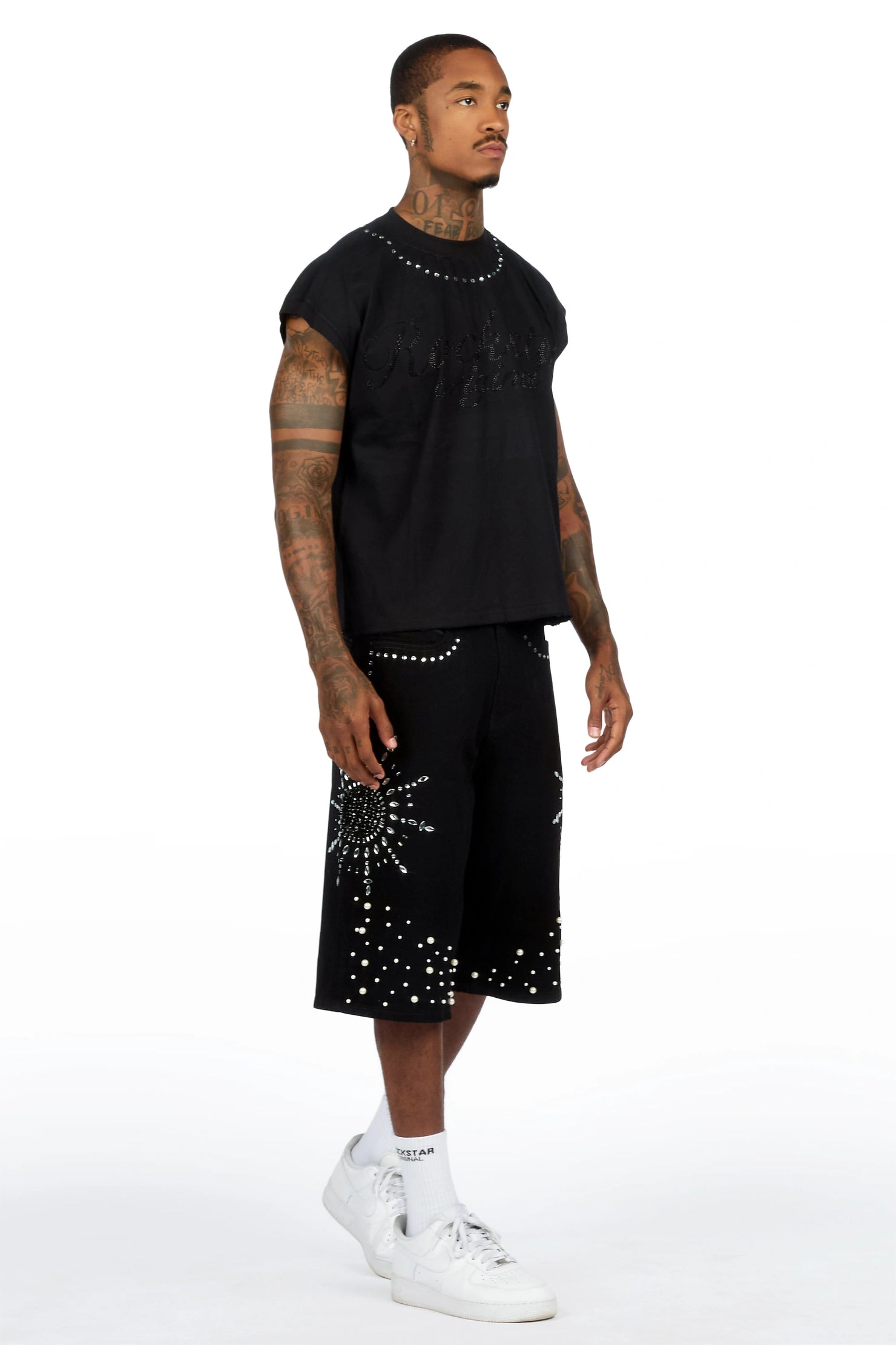 Tryst Black Rhinestone Cut Sleeve T-Shirt Denim Short Set
