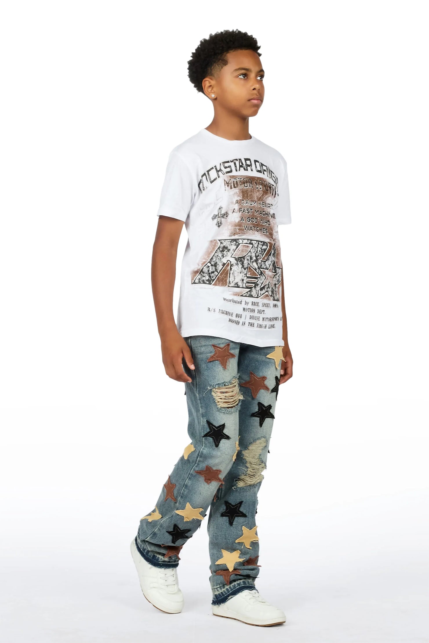 Boys Byson White/Brown T-Shirt Patchwork Jean Set