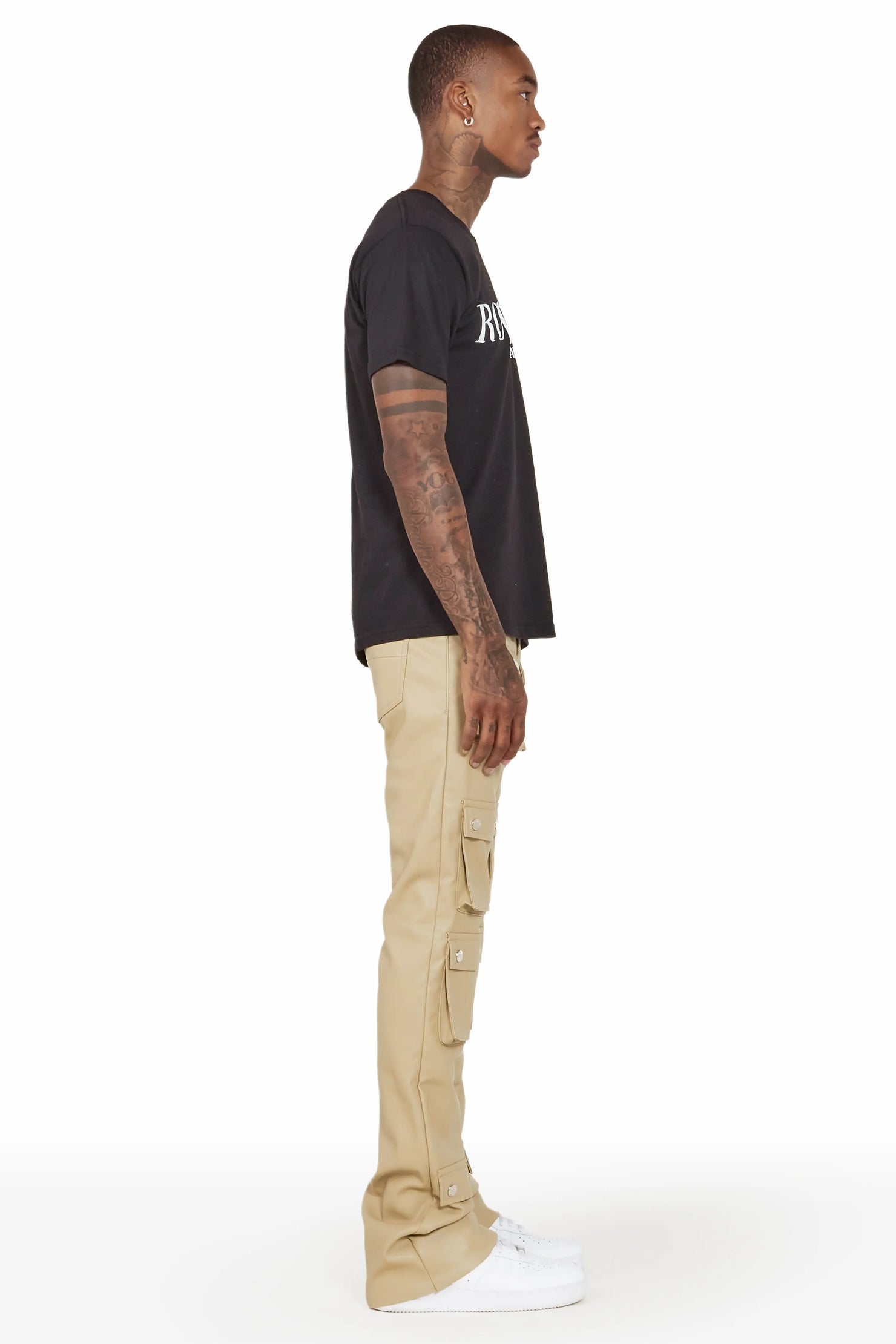 Remi Beige Faux Leather Stacked Flare Jean