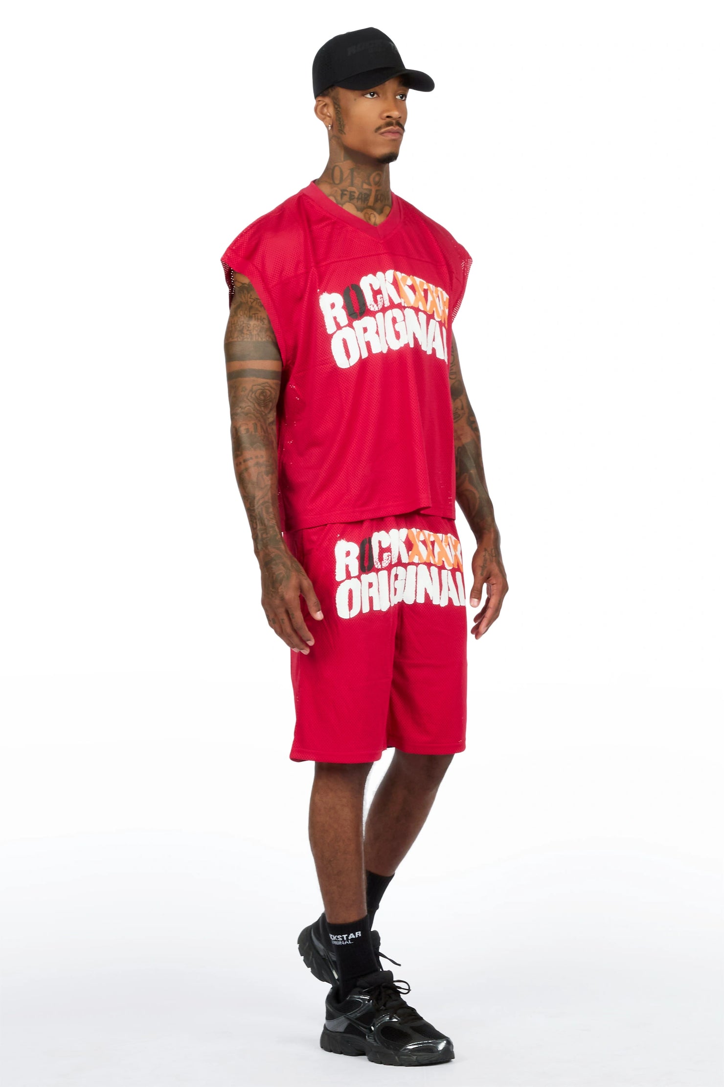 Crown Red Mesh Cut Sleeve Jersey Short Set