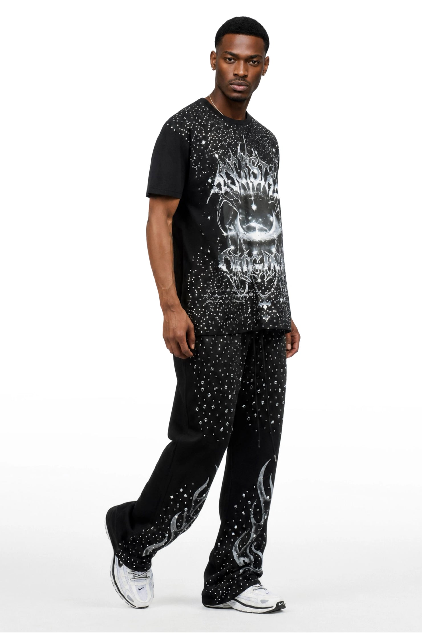Malykz Black/Black Rhinestone T-shirt/Stacked Flare Track Pant Set