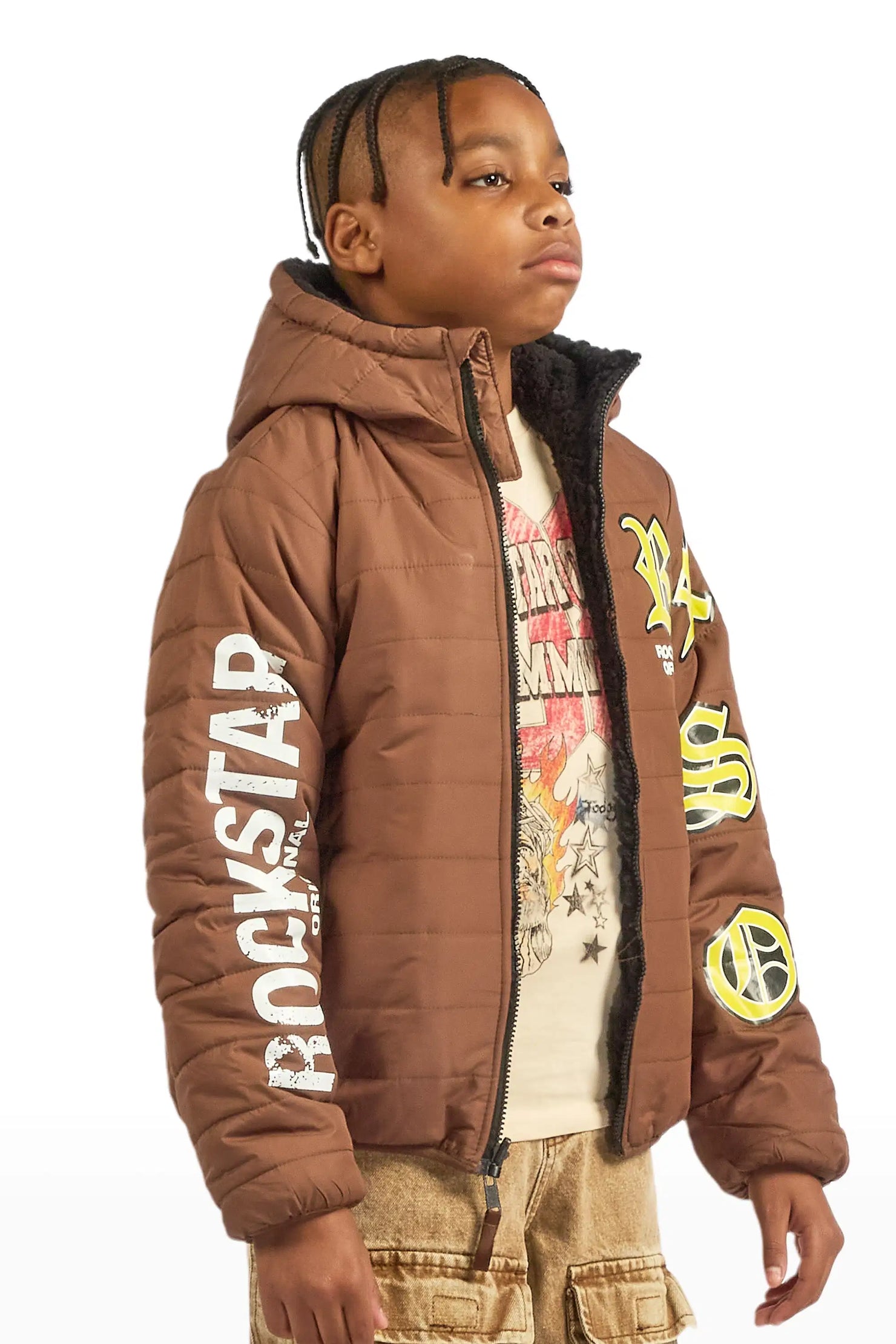 Boys Daegan Brown/Black Reversible Fur Puffer Jacket