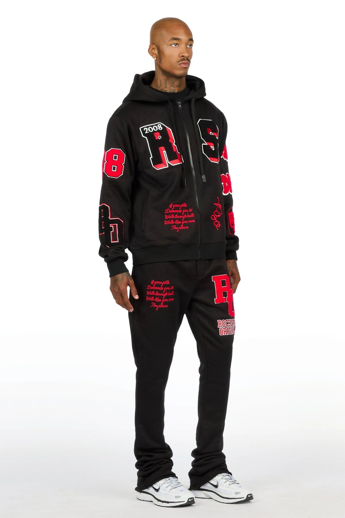 Leslaw Black/Red Zip Up Hoodie Stacked Track Set