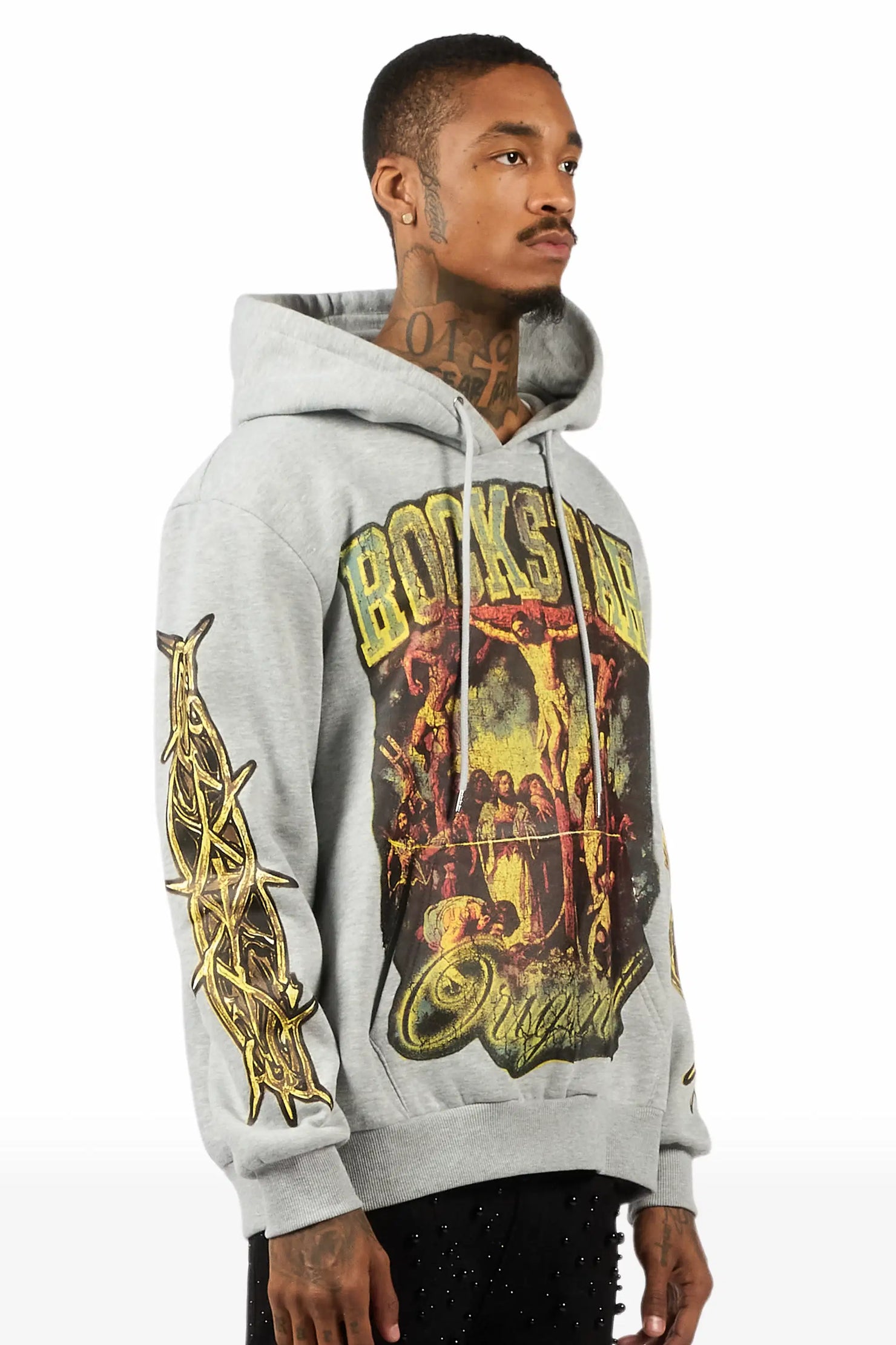 Waller Heather Grey Graphic Distressed Hoodie
