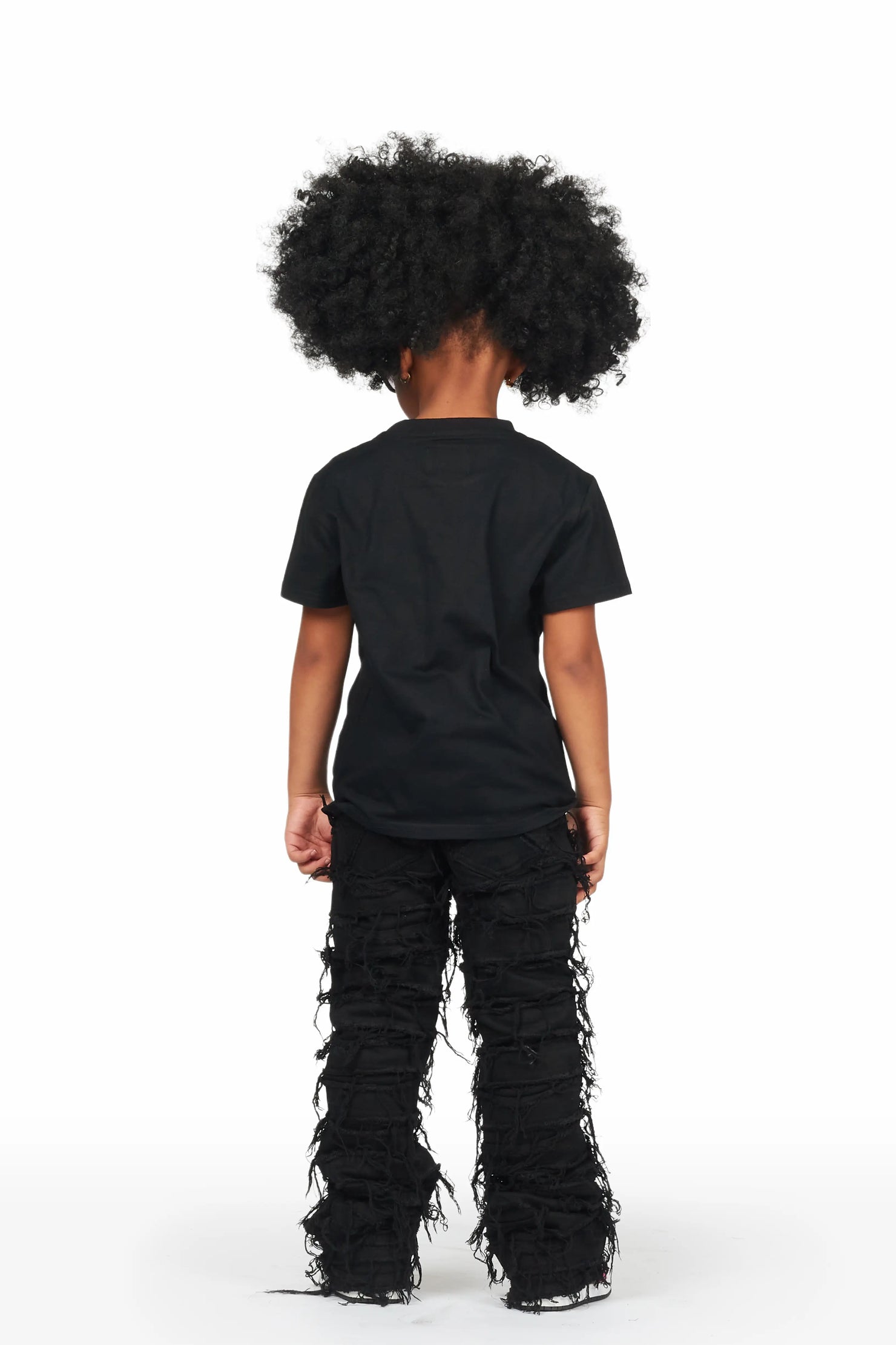 Girls Ava Black T-Shirt/Stacked Flare Jean Set