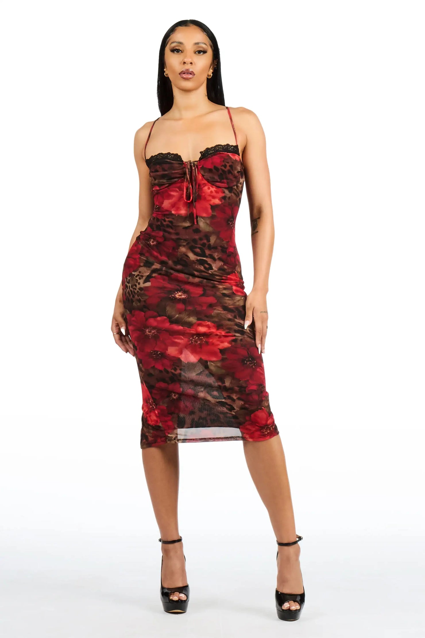 Leopard n Roses Mesh Midi Dress