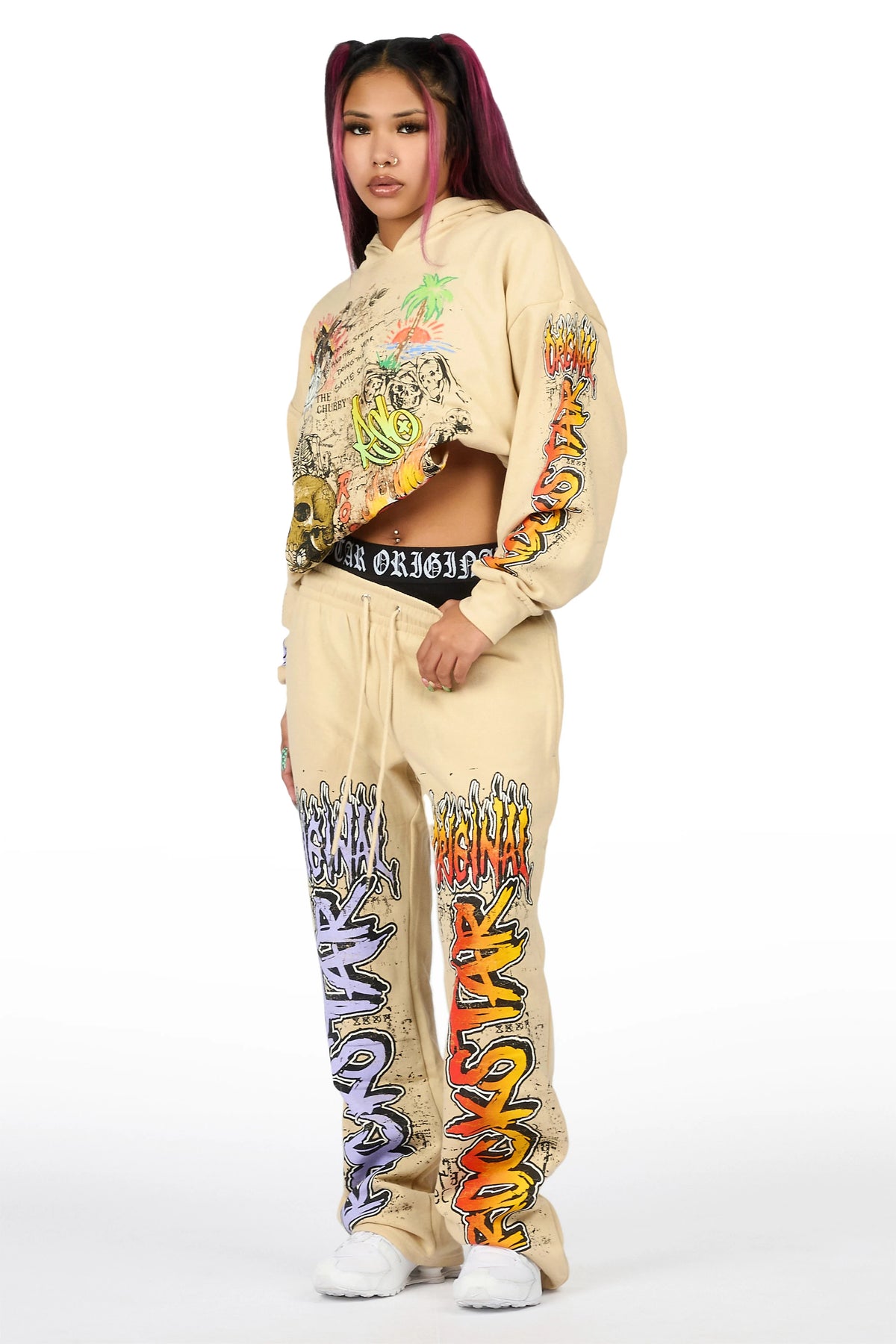 Luxoré Beige Graphic Baggy Fit Track Set