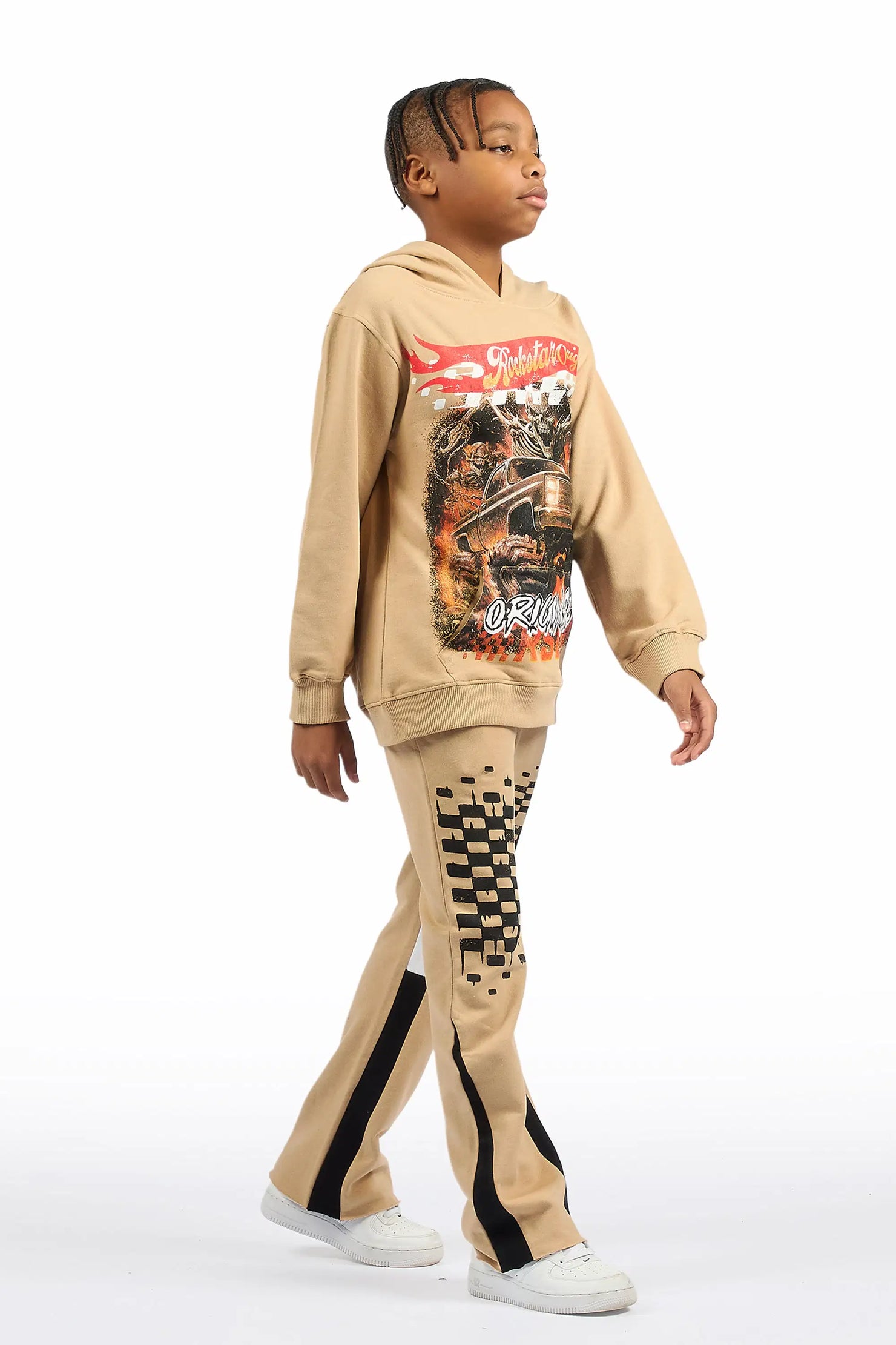 Boys Dreamer Beige/Black Hoodie/Stacked Flare Track Set