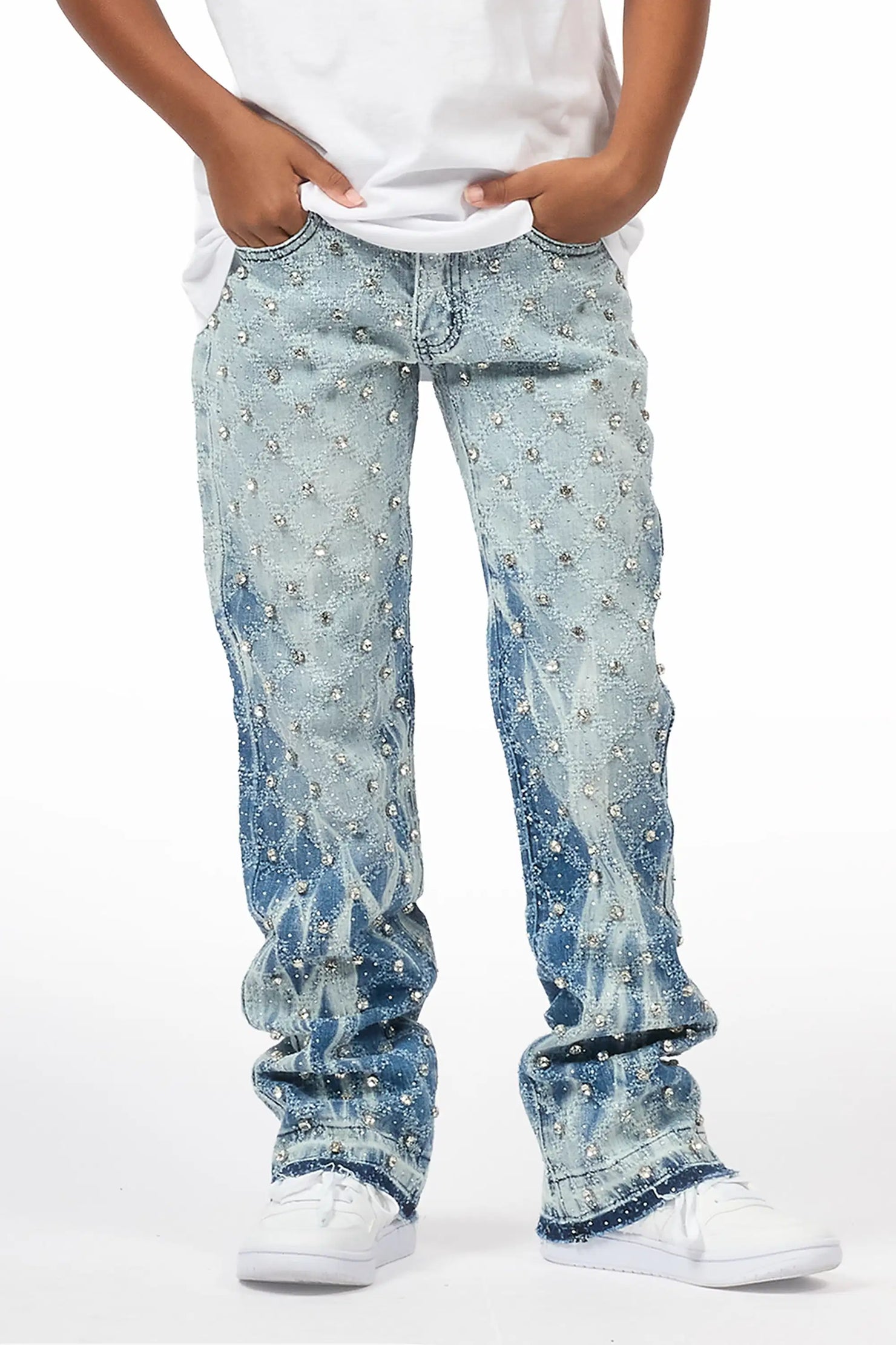 Boys Glit Blue Rhinestone Stacked Flare Jean