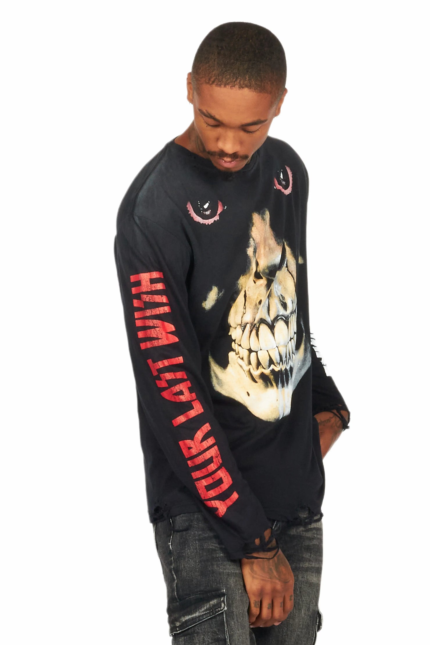 Dunebi Black Long Sleeve Distressed Graphic T-Shirt