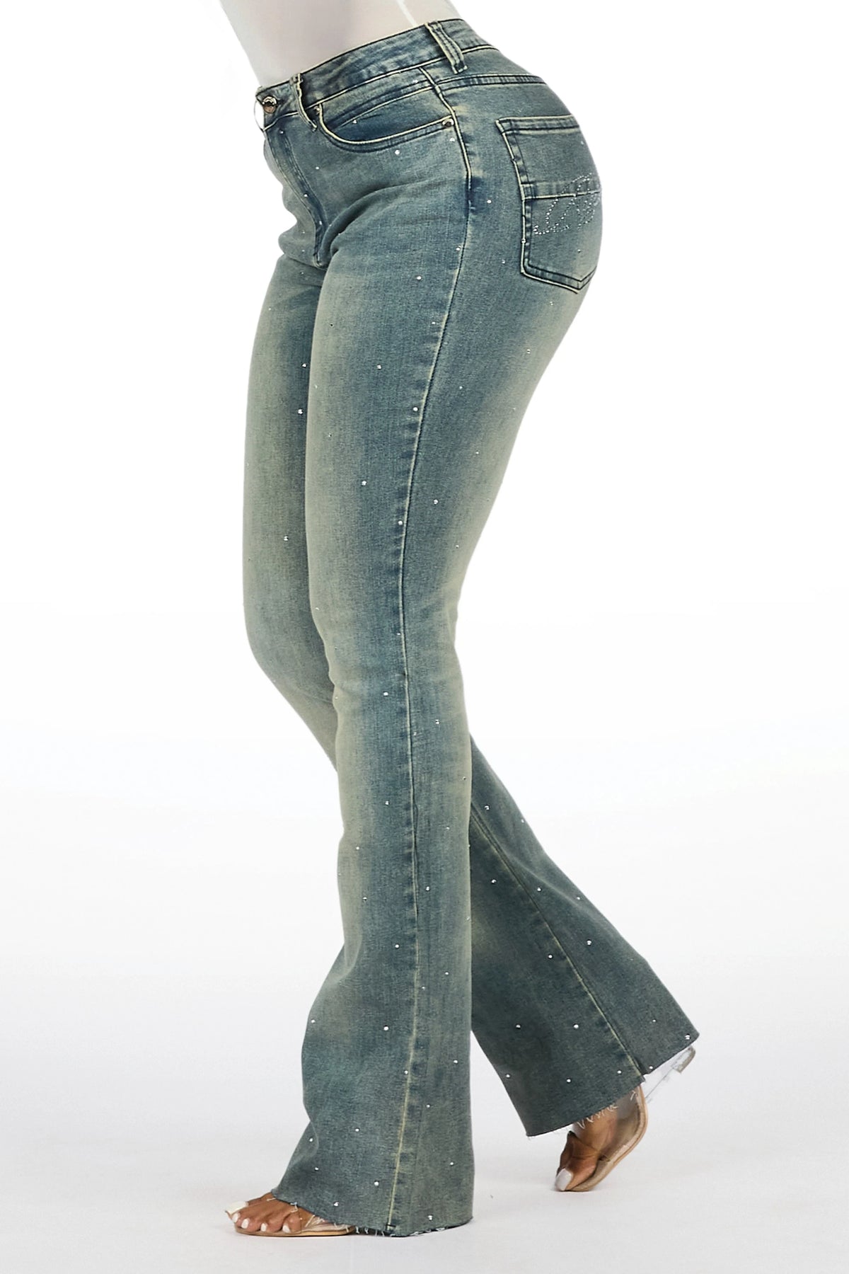 Chanteal Tinted Wash Rhinestone Stacked Flare Jean