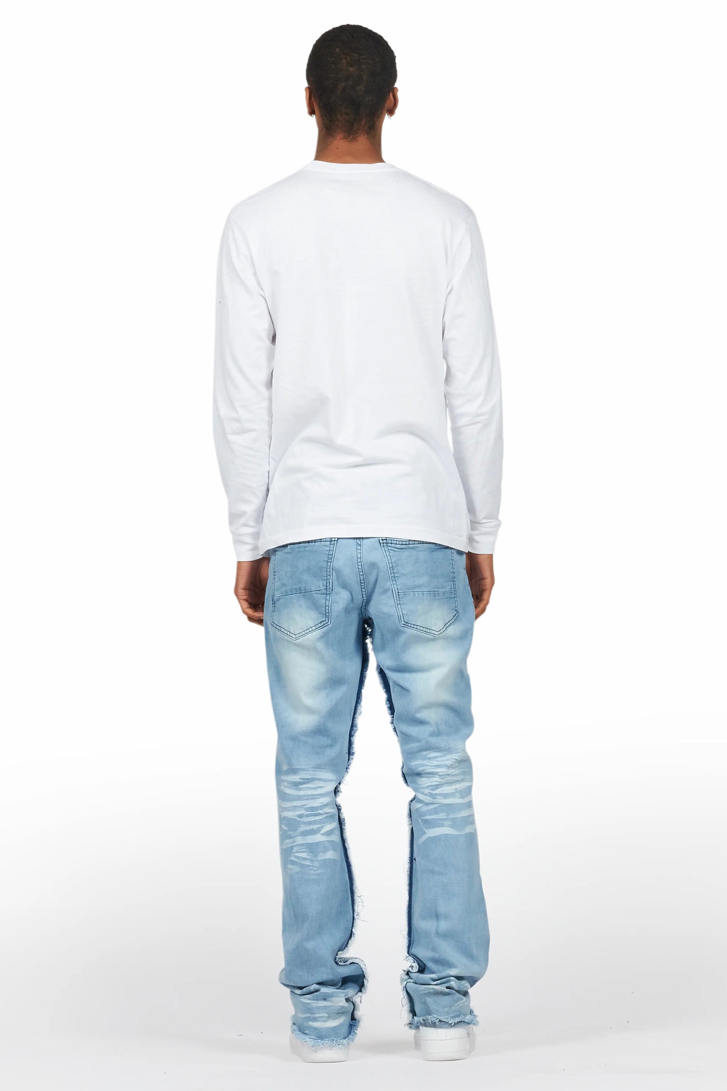 Amos White/Blue Rhinestone Long Sleeve T-Shirt/Stacked Flare Jean Set