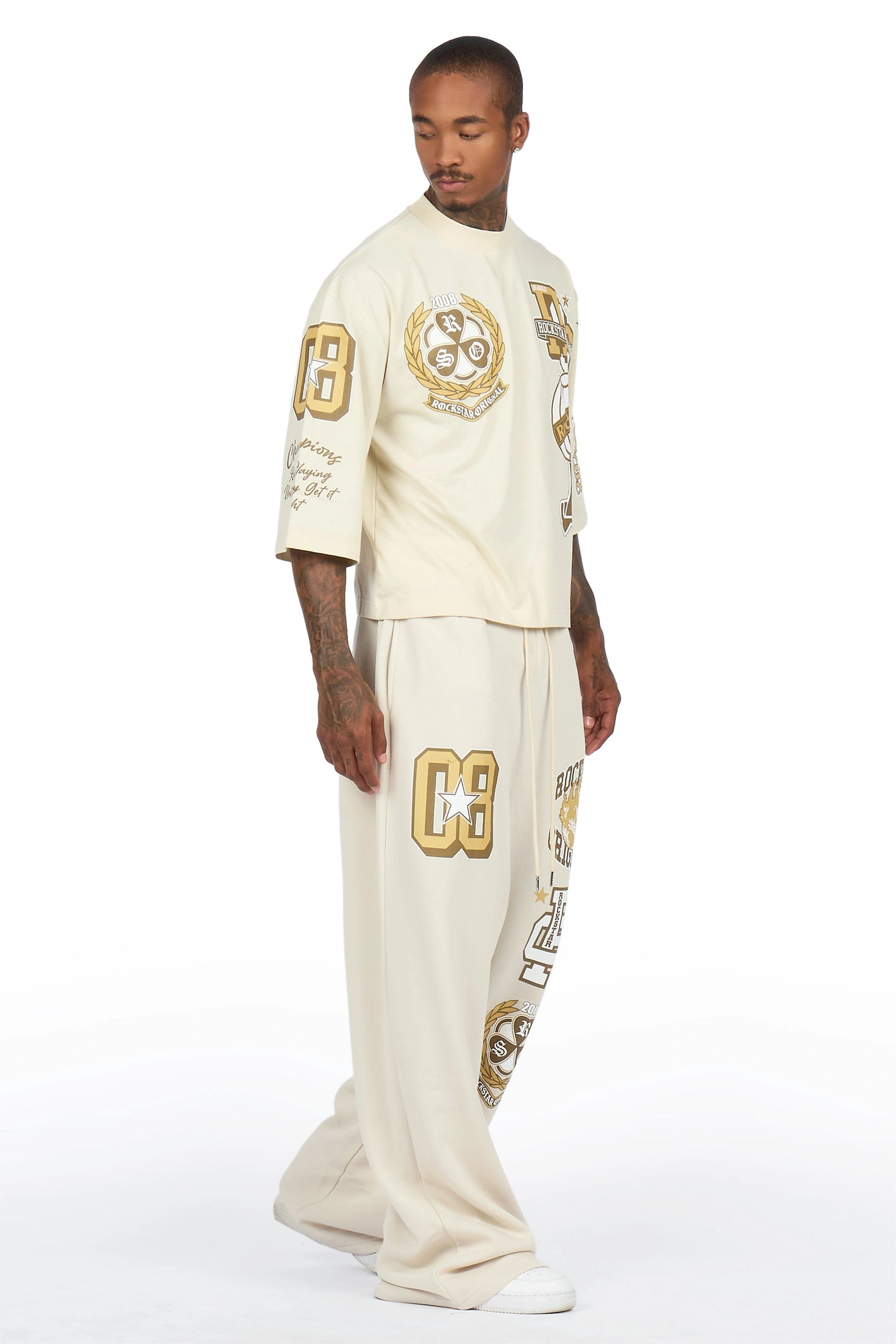 Gallant Beige 3/4 Crop Boxy Tee/ Fleece Baggy Pant Track Set
