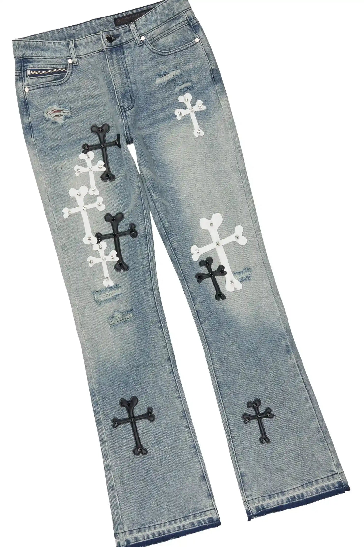 Olivier Medium Blue Patch Rhinestone Denim Jacket/Stacked Flare Jean Set