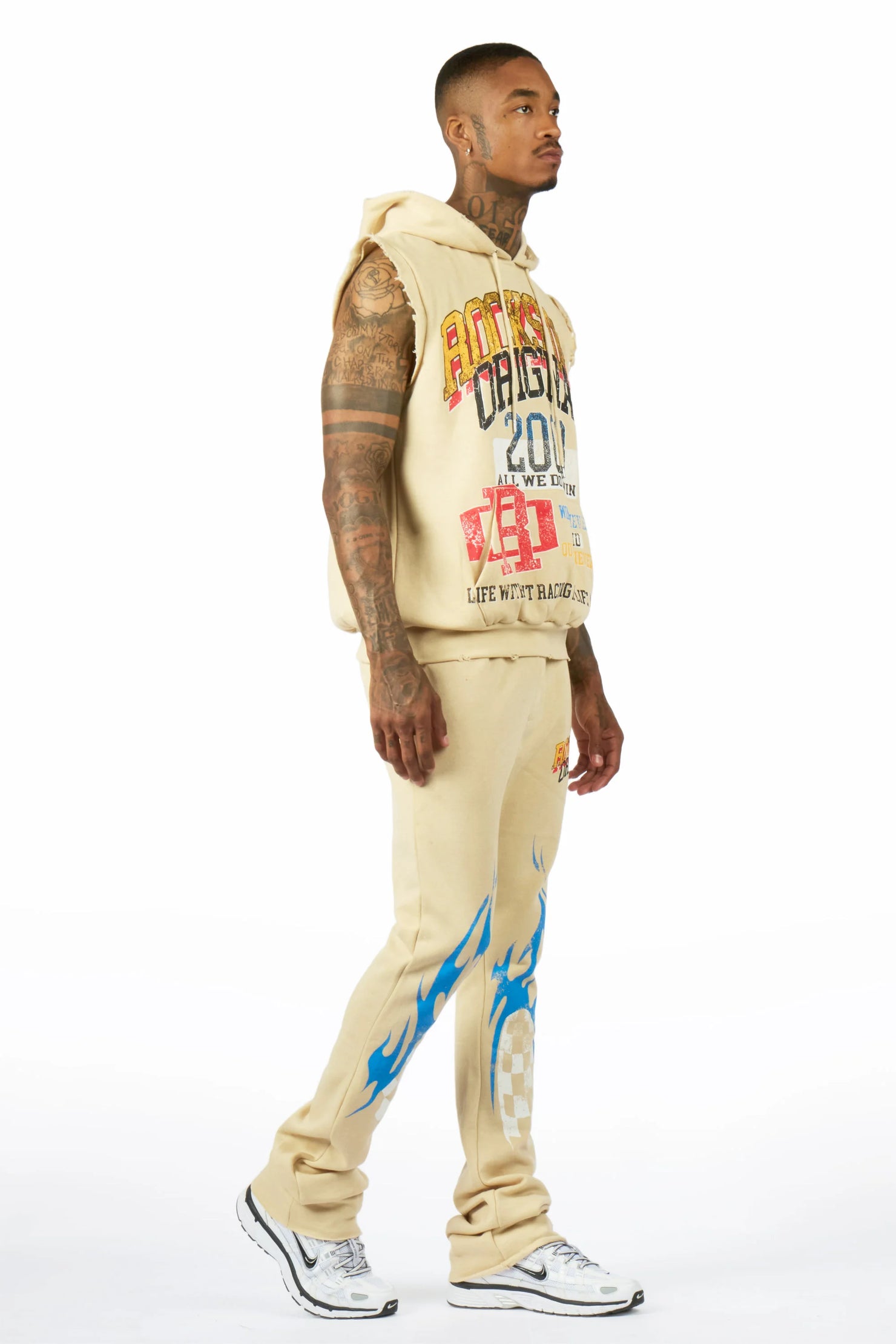 Colorful Race Beige Cut Sleeve Hoodie Stacked Track Set