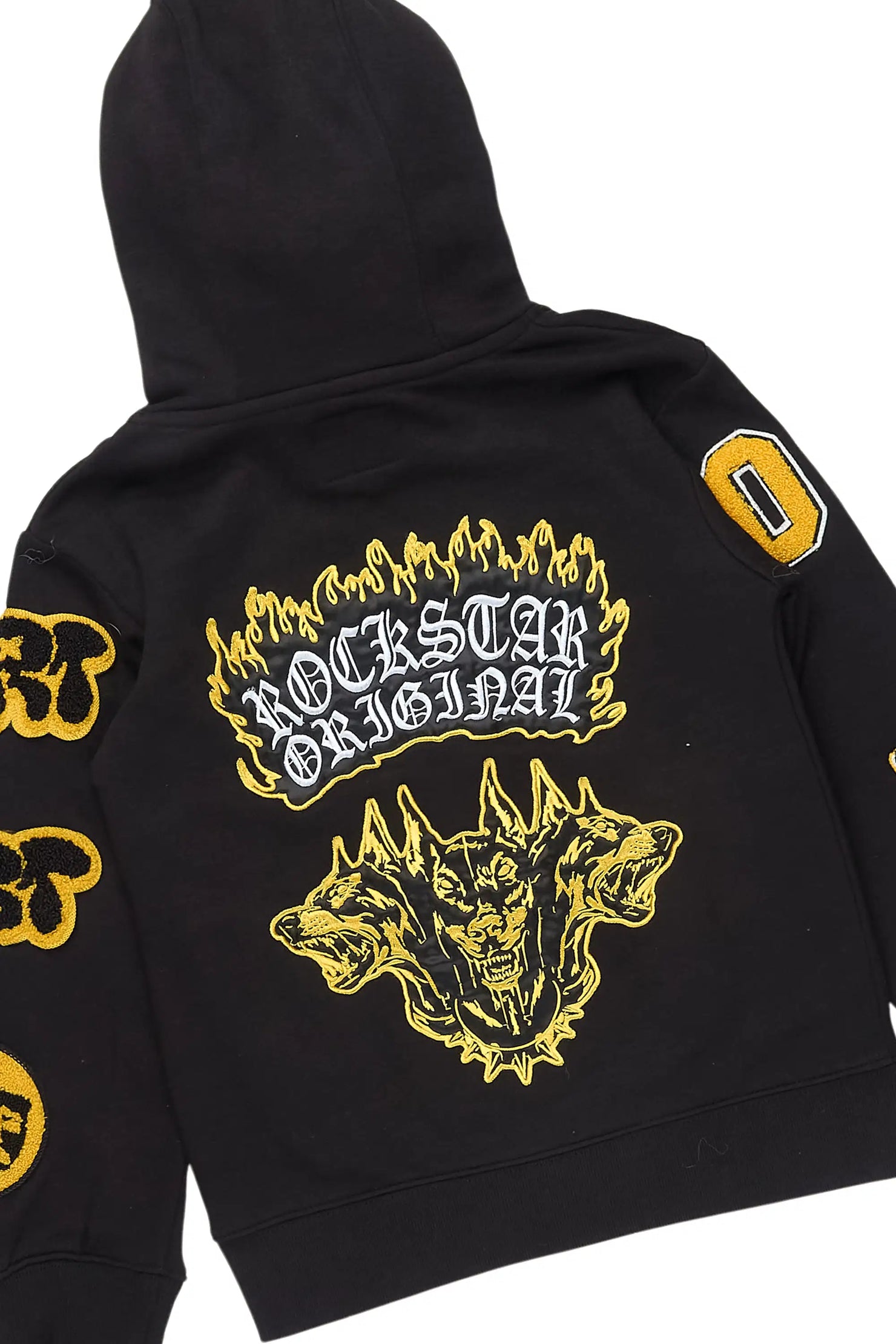 Girls Leslee Black/Yellow Embroidered Stacked Flare Hoodie Track Set