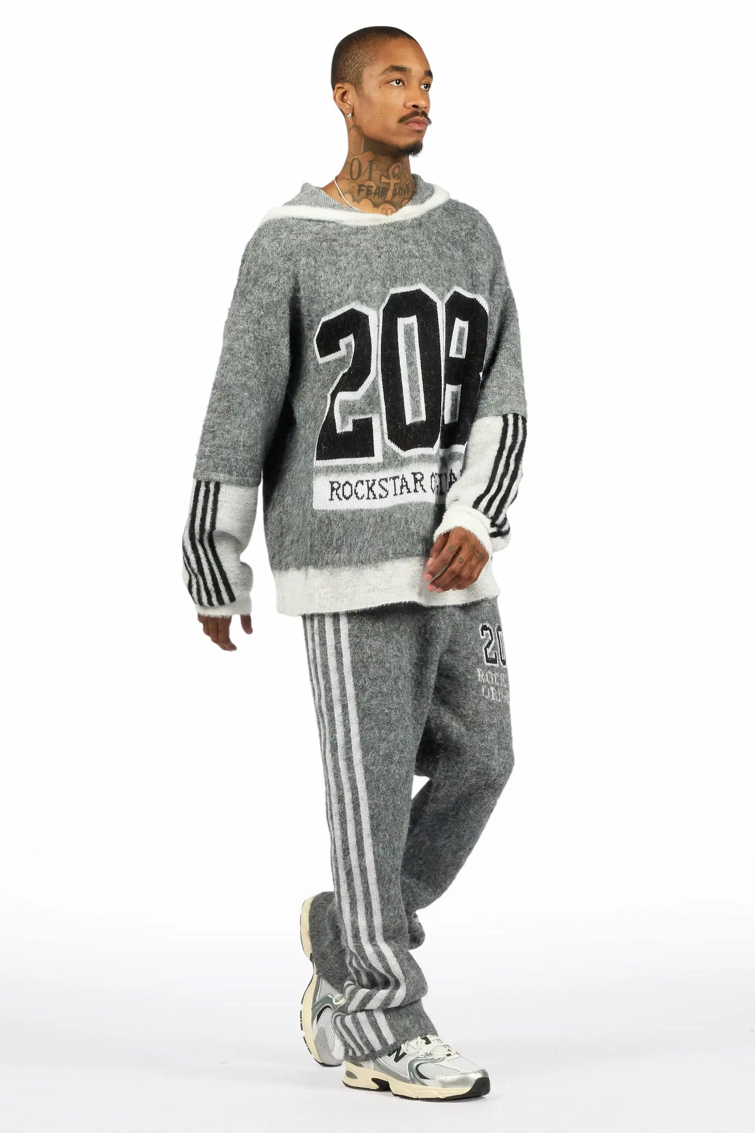 Joaqui Grey/White Hoodie Stacked Flare Track Set