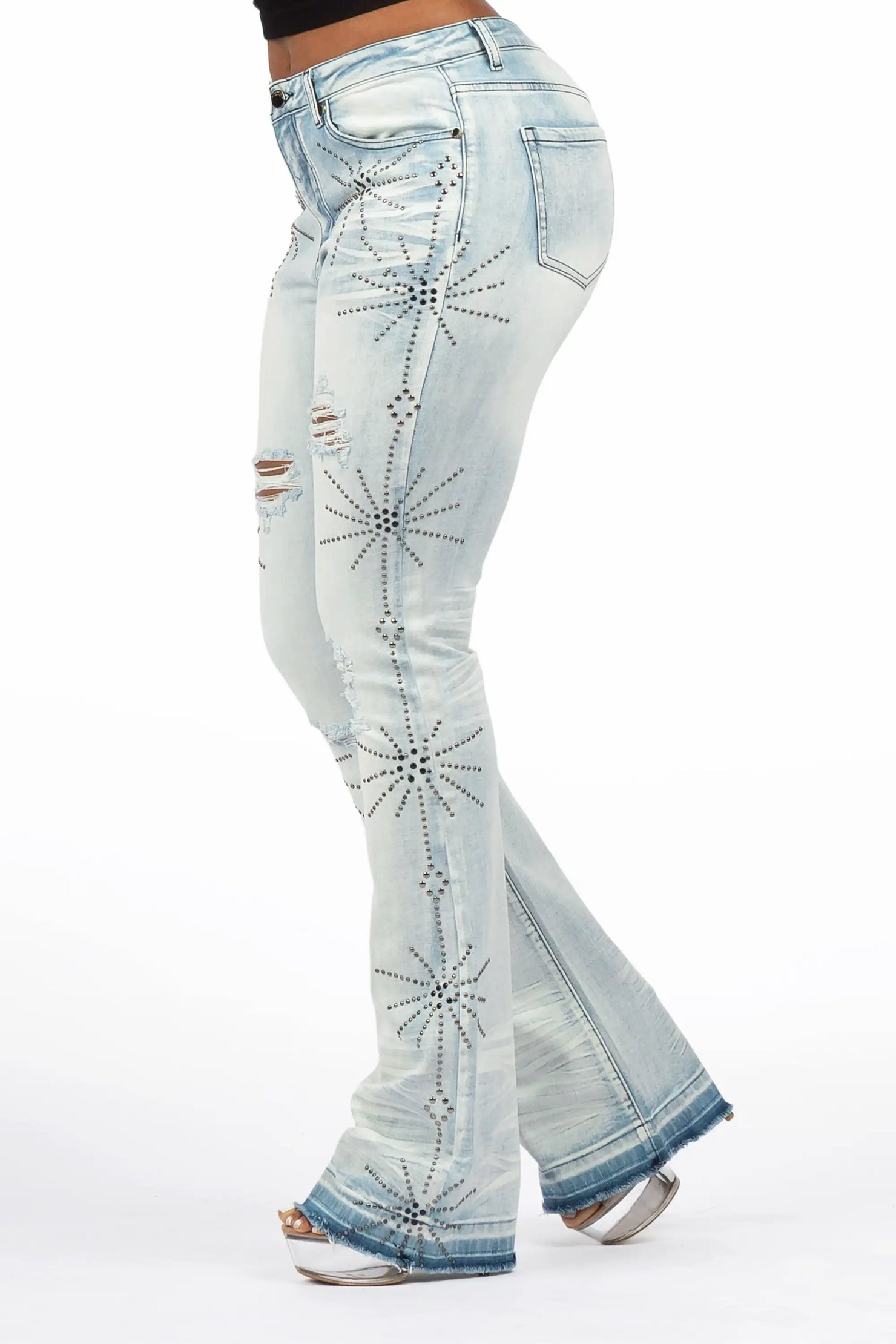 Ikia Light Wash Studded Stacked Flare Jean