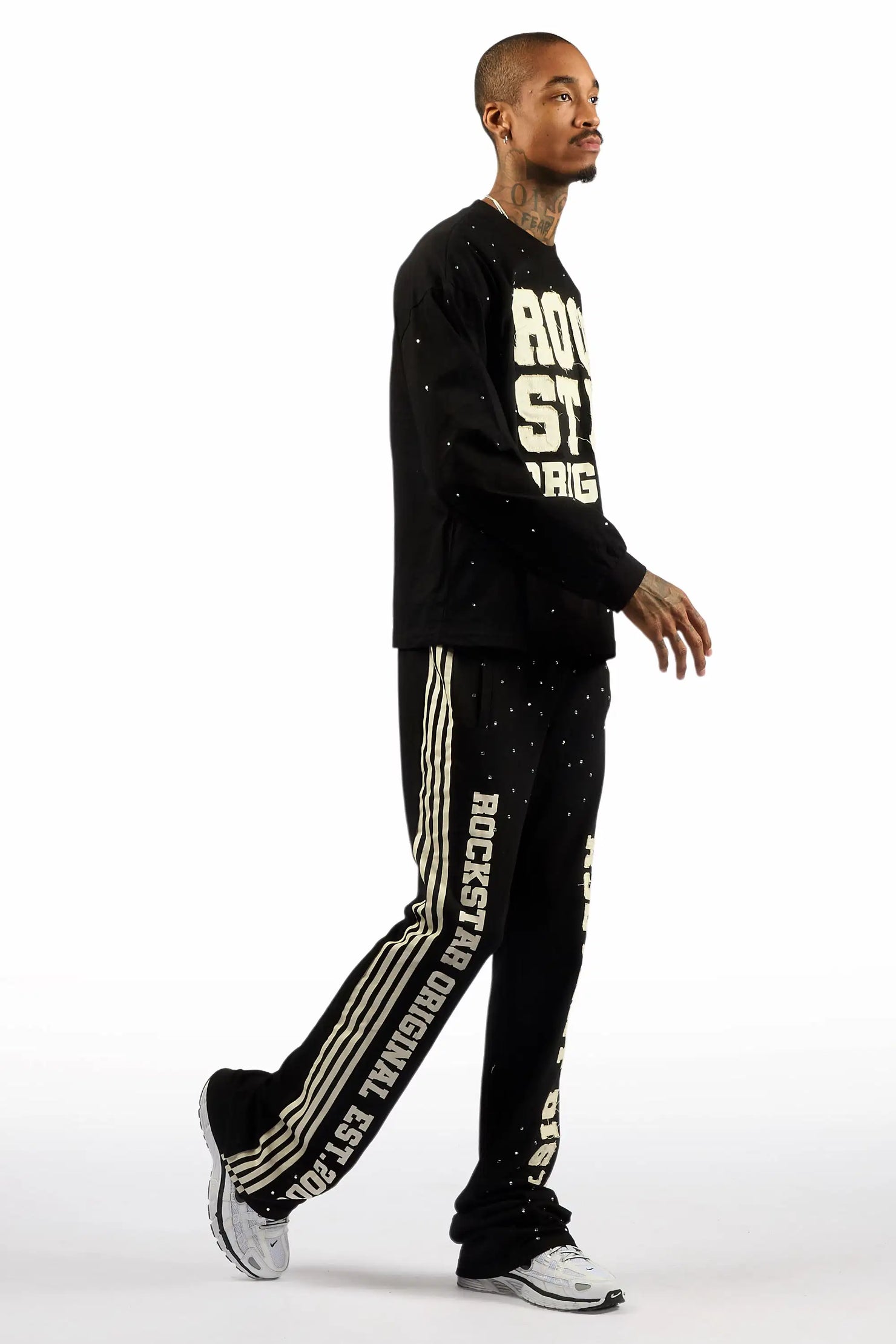 Yulian Black Rhinestone Long Sleeve T-Shirt/Baggy Stacked Track Set