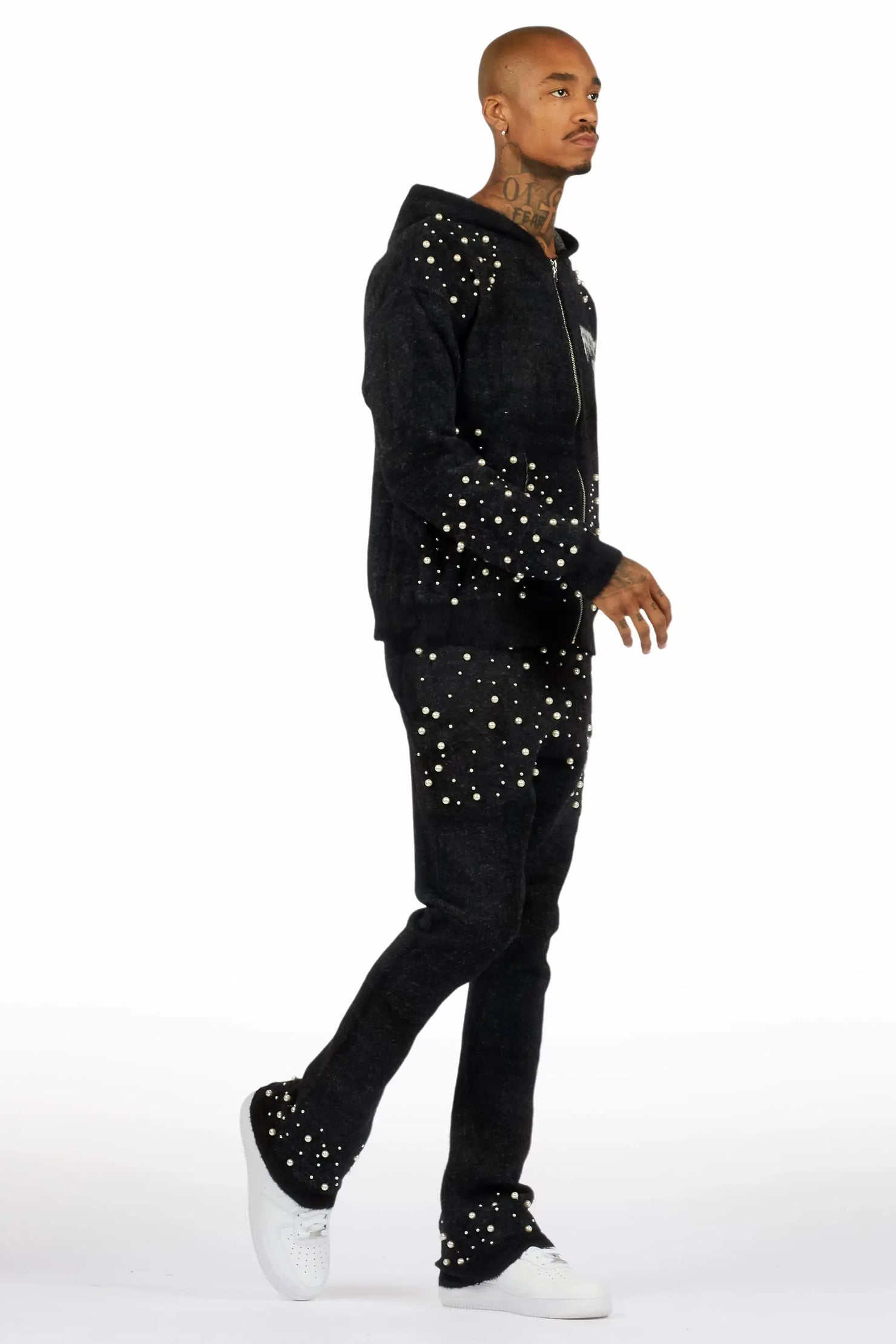 Twinkle Black/Black Rhinestone Hoodie Stacked Flare Track Set
