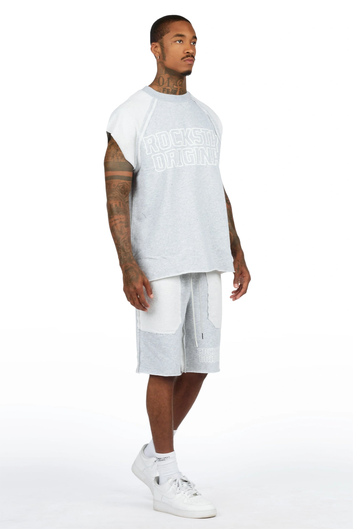 Essential Heather Grey Cut Sleeve T-Shirt/Short Set